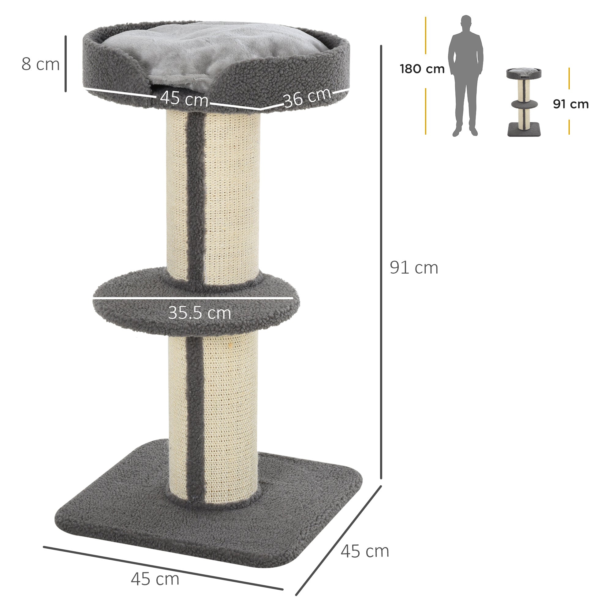 Scratching Post 91cm Cat Tower with Sisal Posts, Platform, Cushion Multilevel Cat Scratching Tree, Climbing Tree, for Medium-sized Cats, Gray