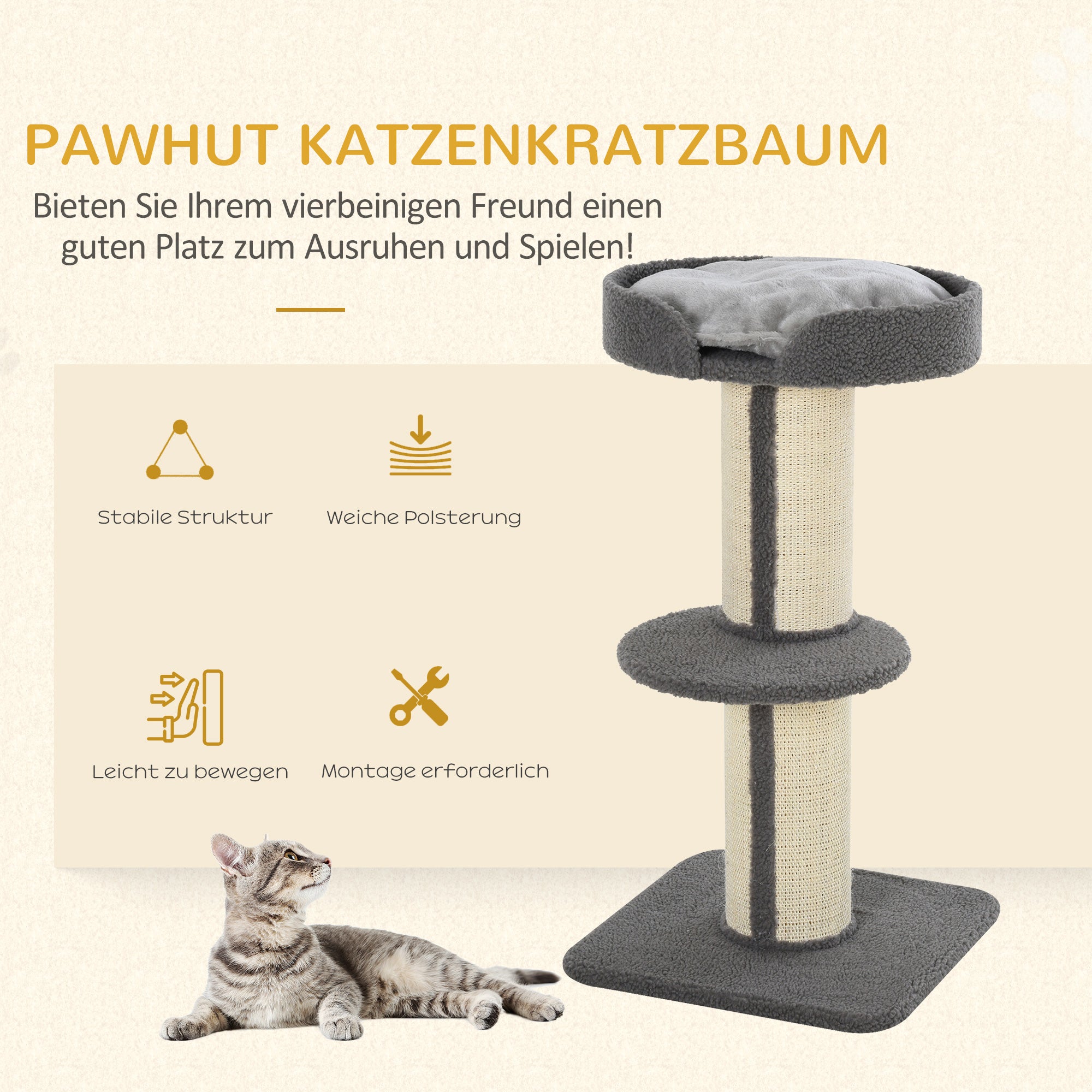 Scratching Post 91cm Cat Tower with Sisal Posts, Platform, Cushion Multilevel Cat Scratching Tree, Climbing Tree, for Medium-sized Cats, Gray