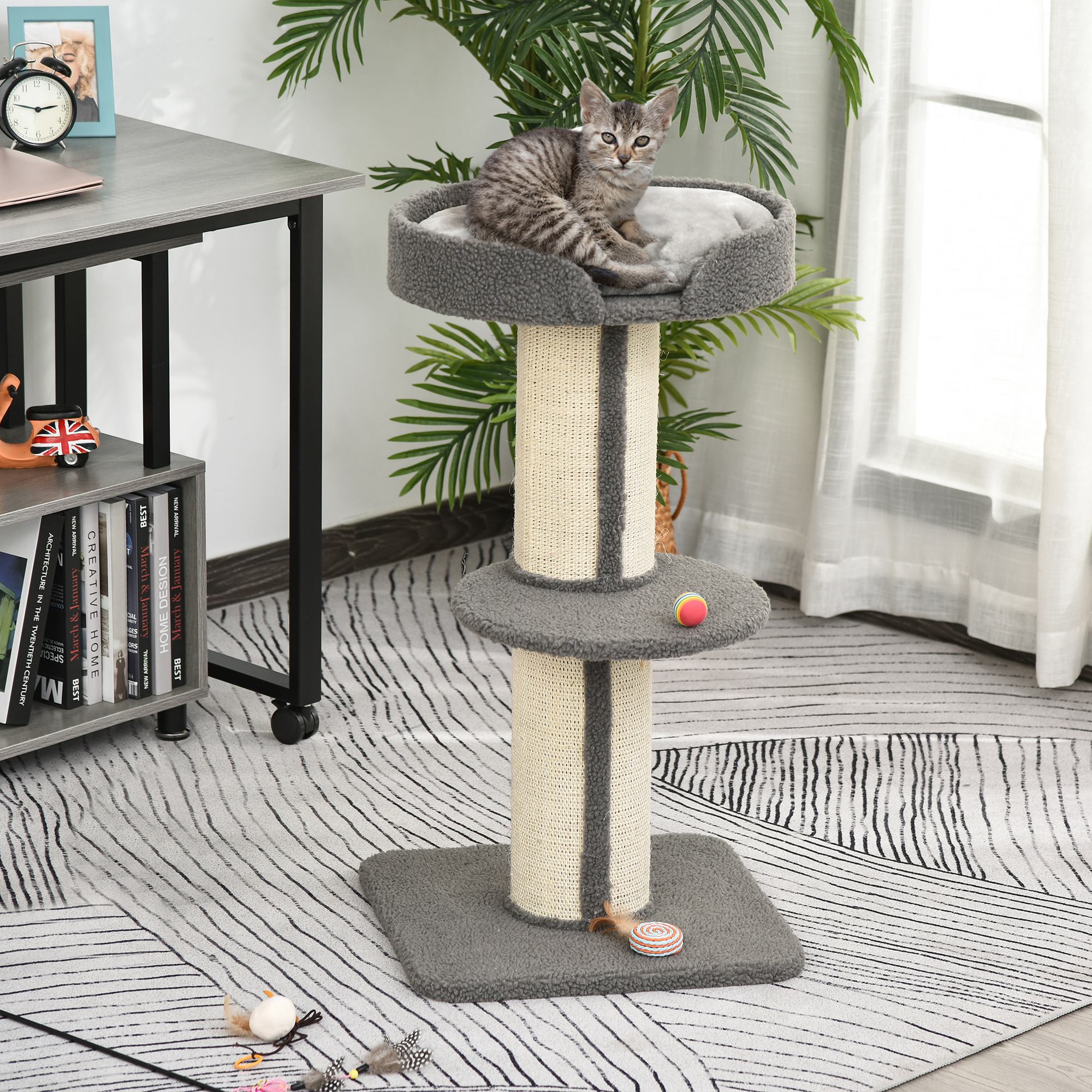 Scratching Post 91cm Cat Tower with Sisal Posts, Platform, Cushion Multilevel Cat Scratching Tree, Climbing Tree, for Medium-sized Cats, Gray