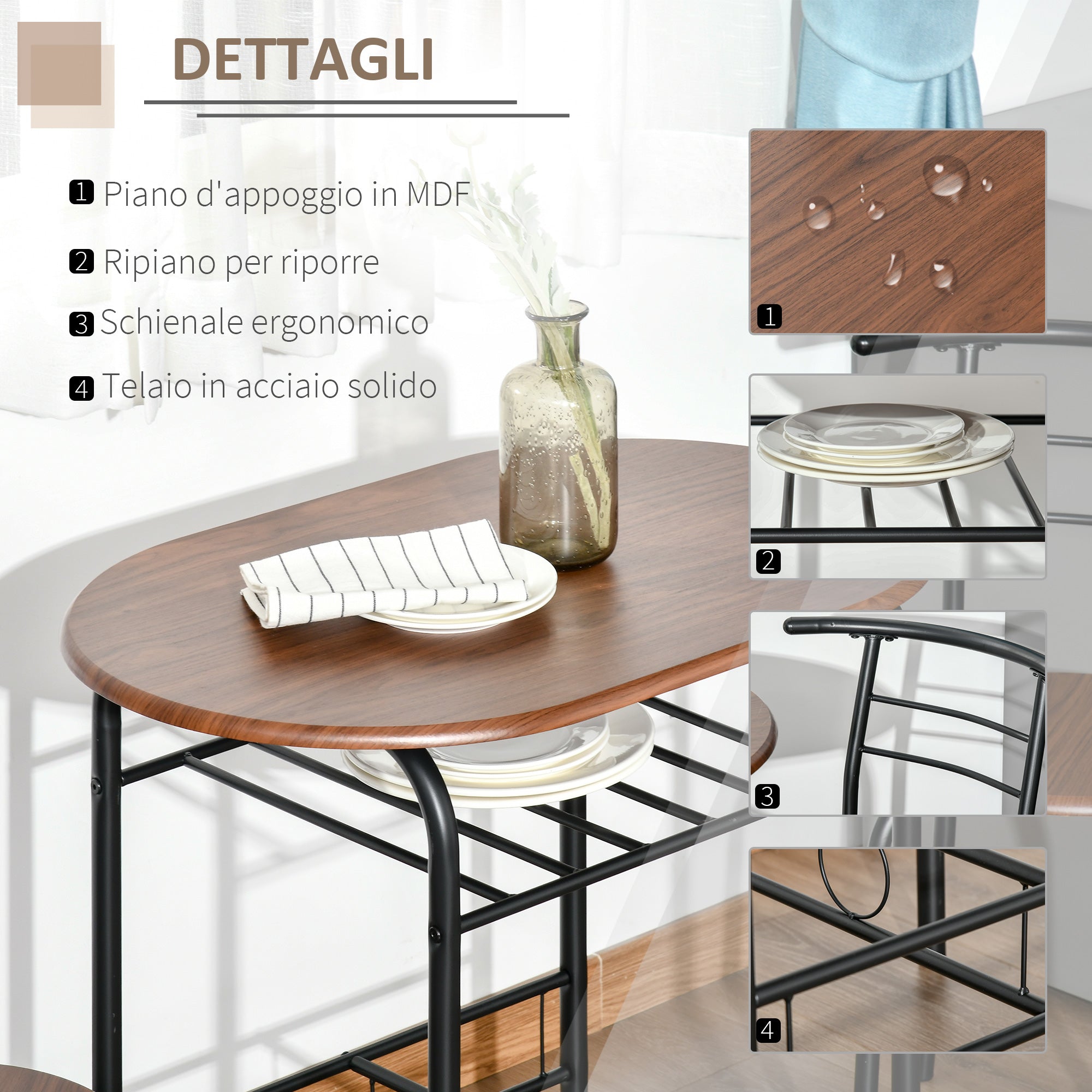 Modern Table Set with 2 Chairs for Dining Room, 3-Piece Space-Saving Furniture Set for Kitchen, Balcony, Restaurant or Bar, Brown and Black