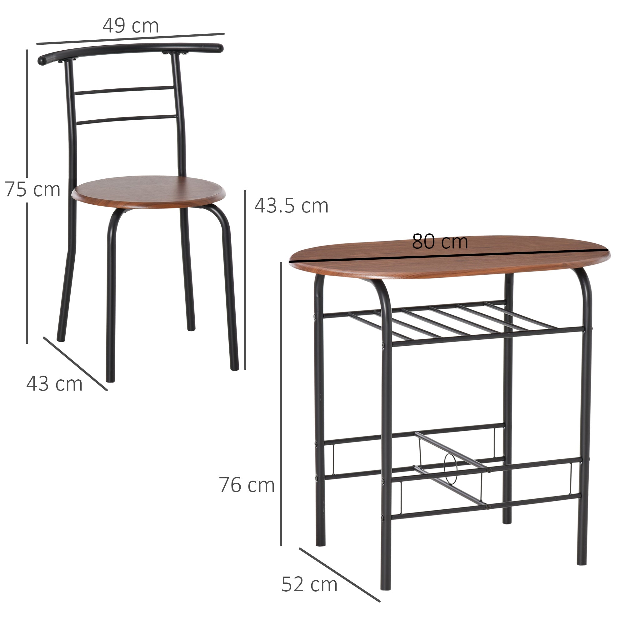 Modern Table Set with 2 Chairs for Dining Room, 3-Piece Space-Saving Furniture Set for Kitchen, Balcony, Restaurant or Bar, Brown and Black