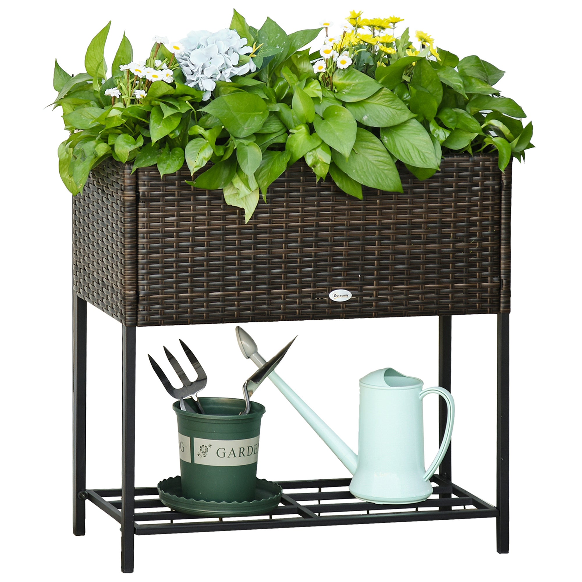 Raised Garden Bed, Wicker Planter with Shelf, Raised Flower Bed for Outdoor and Indoor, Brown (70cm x 30cm x 70cm)