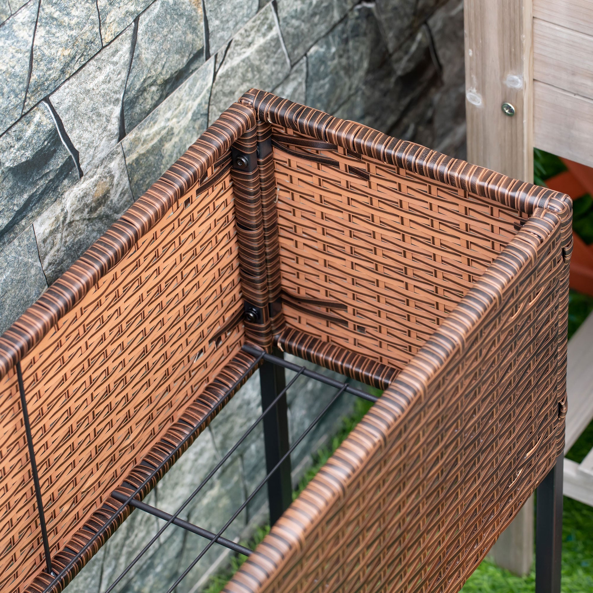 Raised Garden Bed, Wicker Planter with Shelf, Raised Flower Bed for Outdoor and Indoor, Brown (70cm x 30cm x 70cm)