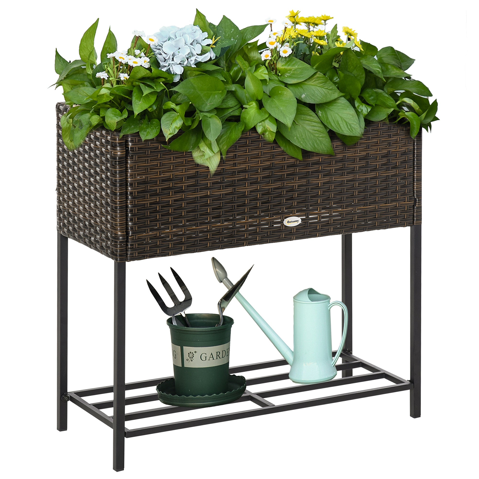 Raised Garden Bed, Wicker Planter with Shelf, Raised Flower Bed for Outdoor and Indoor, Brown (70cm x 30cm x 70cm)