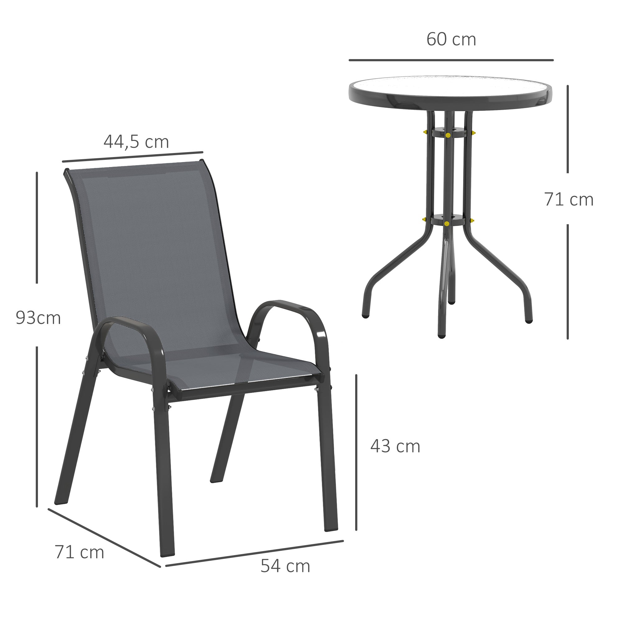 3-Piece Weather-Resistant Bistro Patio Set with Glass Table and Stackable Chairs — Dark Gray