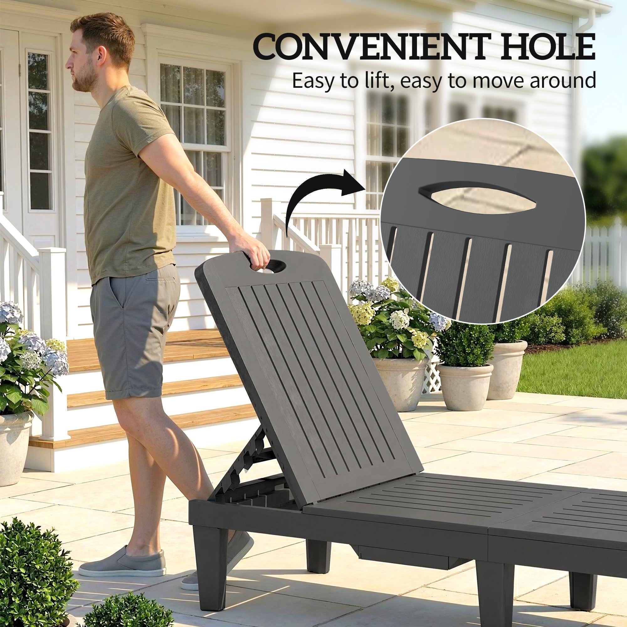 Set of 2 Outdoor Sun Loungers — PP Reclining Chairs with Removable Side Tray, 5-Position Backrest, Weather-Resistant, Gray