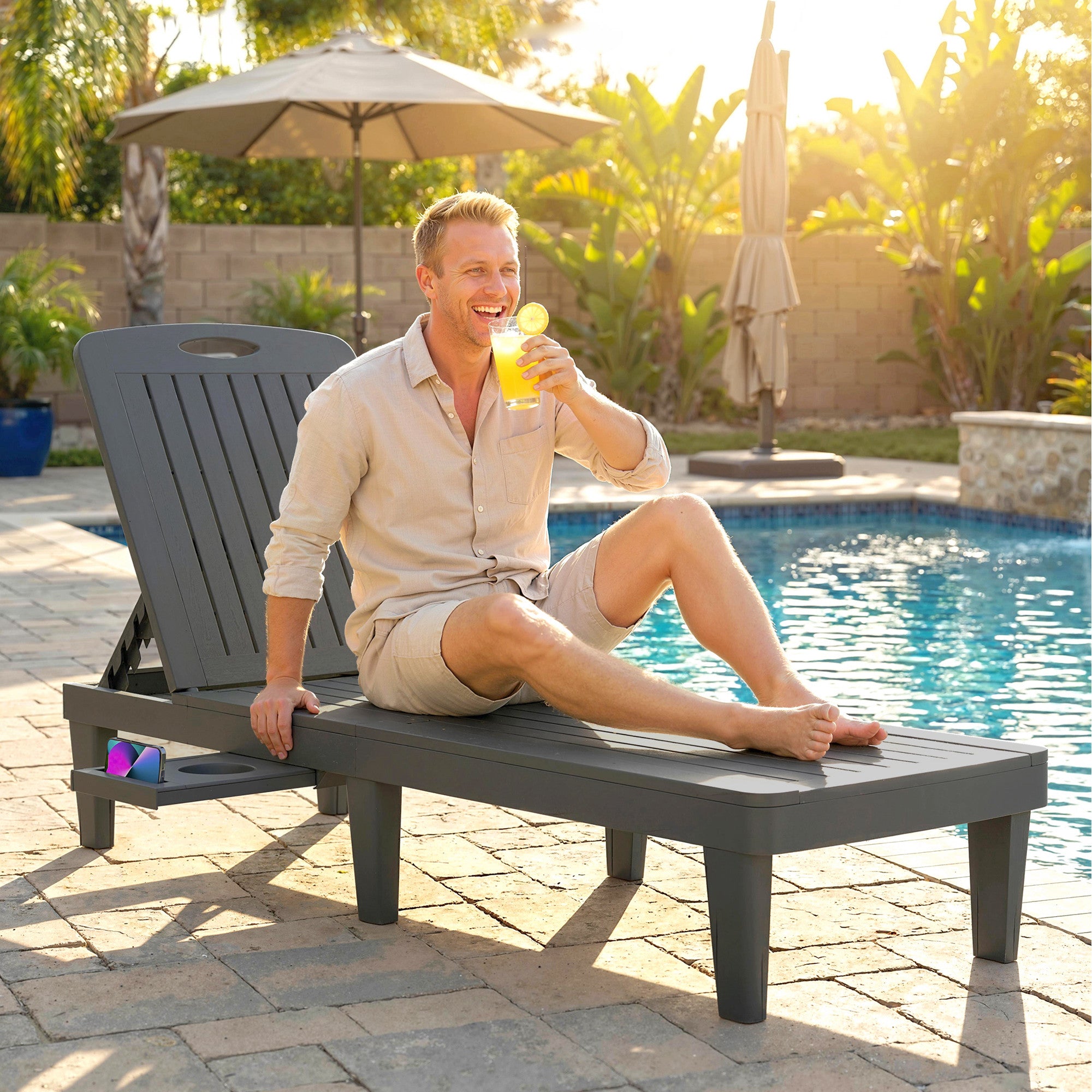 Set of 2 Outdoor Sun Loungers — PP Reclining Chairs with Removable Side Tray, 5-Position Backrest, Weather-Resistant, Gray