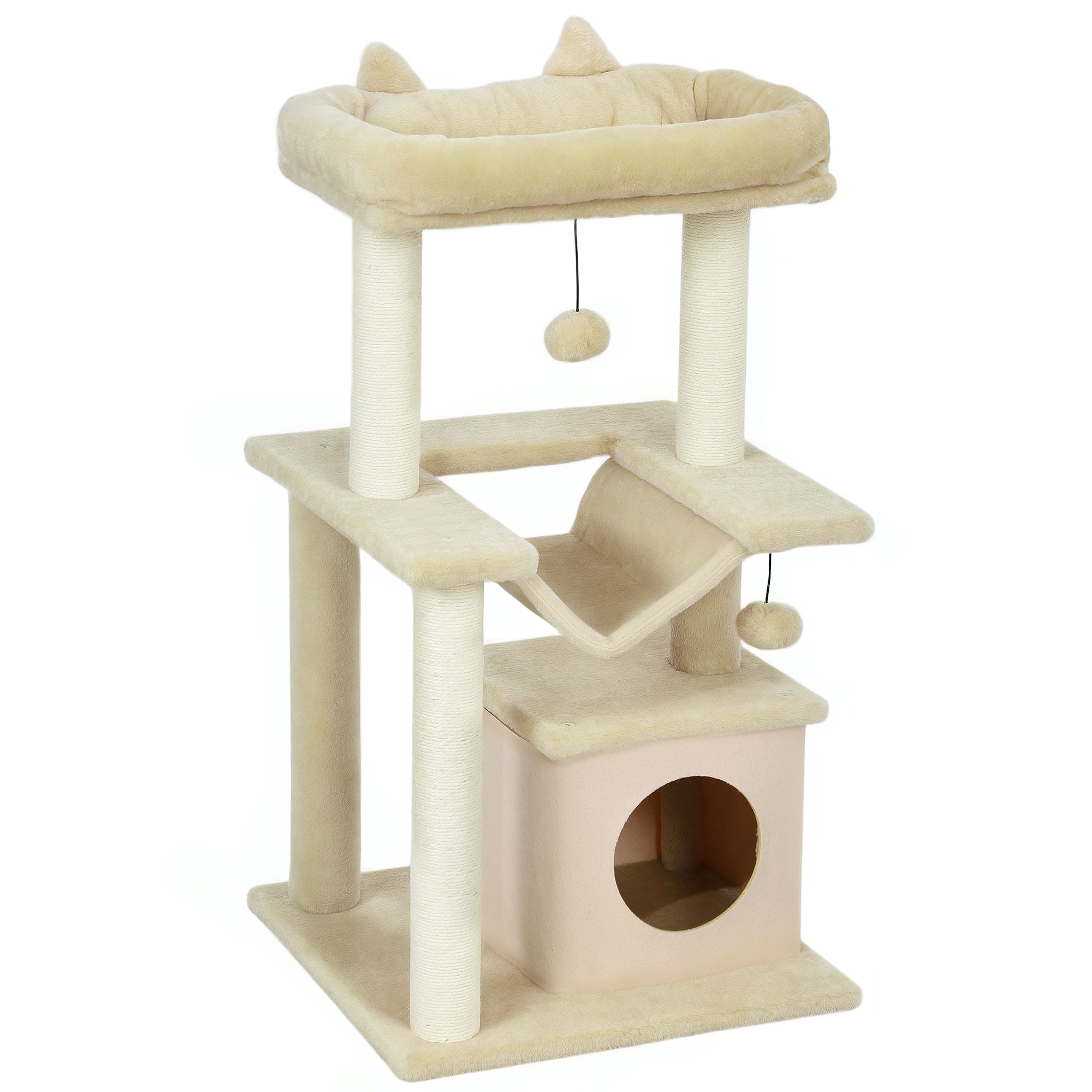 Cat Tree 90 cm Scratching Post with Hammock Play Tree Cat Cave Platforms Climbing Tree Cat Scratching Post Activity Scratching Tree Plush Sisal Cream