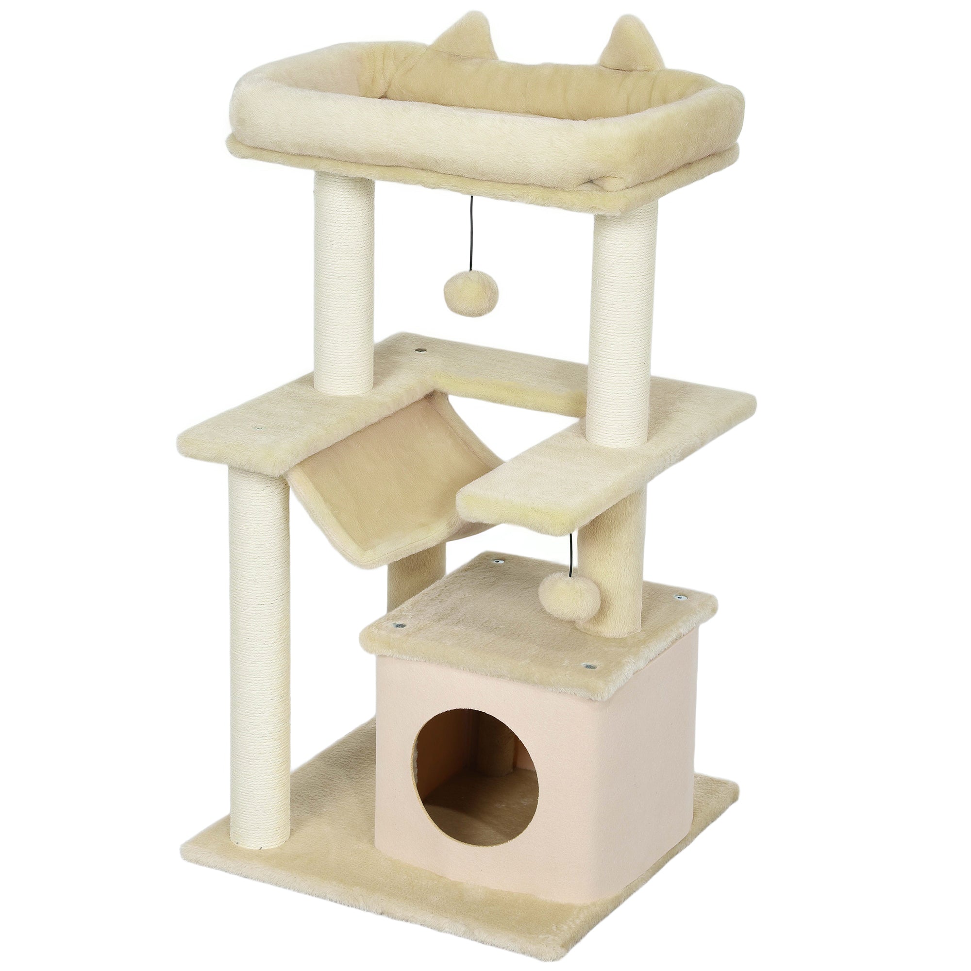 Cat Tree 90 cm Scratching Post with Hammock Play Tree Cat Cave Platforms Climbing Tree Cat Scratching Post Activity Scratching Tree Plush Sisal Cream