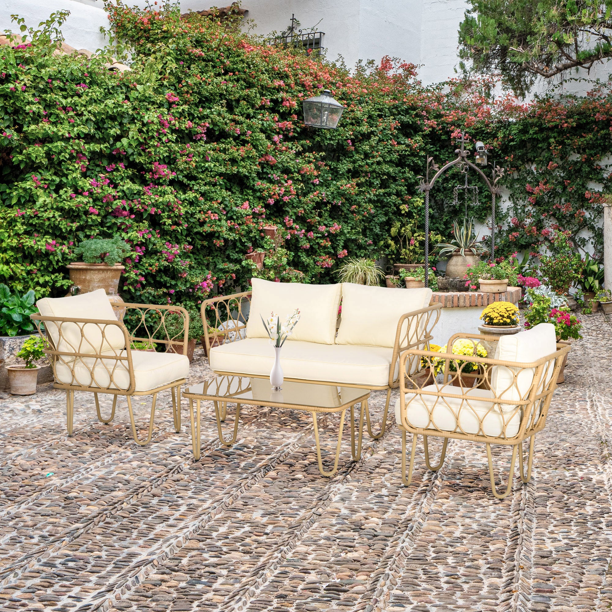 4-Piece Garden Lounge Set 2-Seater Sofa + 2 Armchairs + 1 Coffee Table with Tempered Glass Top 7 Cushions - Metal and Rattan - Ecru