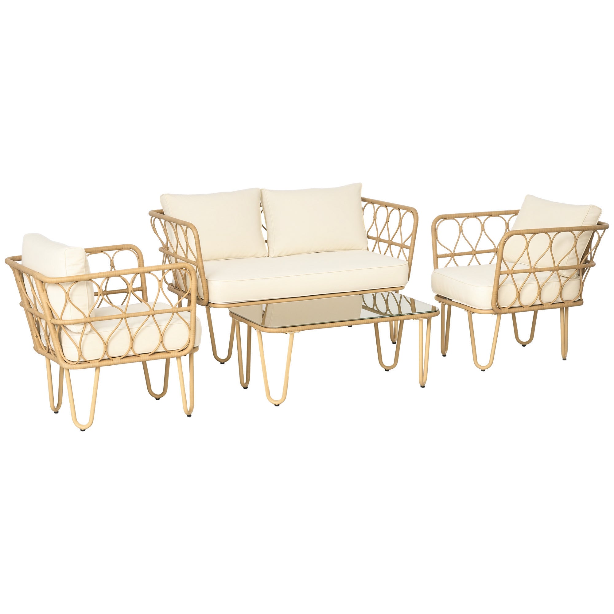 4-Piece Garden Lounge Set 2-Seater Sofa + 2 Armchairs + 1 Coffee Table with Tempered Glass Top 7 Cushions - Metal and Rattan - Ecru