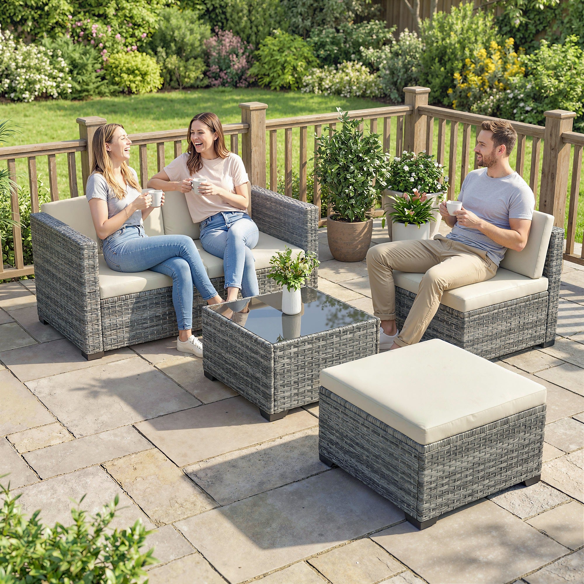 5-Piece PE Rattan Patio Lounge Set with Corner Sofa, Ottoman & Coffee Table, Cushions, Seats up to 4 — Gray & Cream
