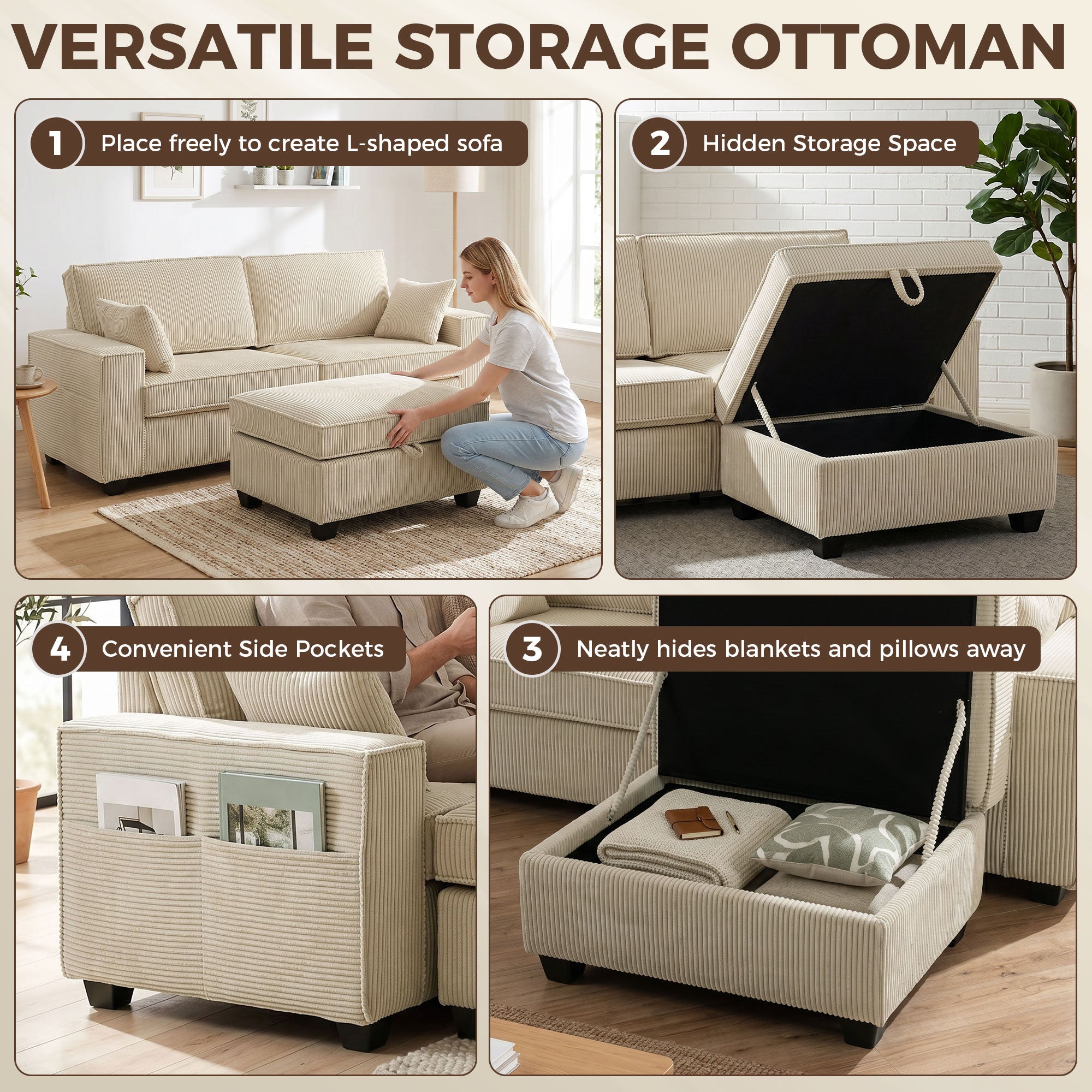 L-Shaped 3-Seater Corner Sofa with Storage Ottoman, Corduroy Upholstery, Wide Seating & 2 Cushions — Beige