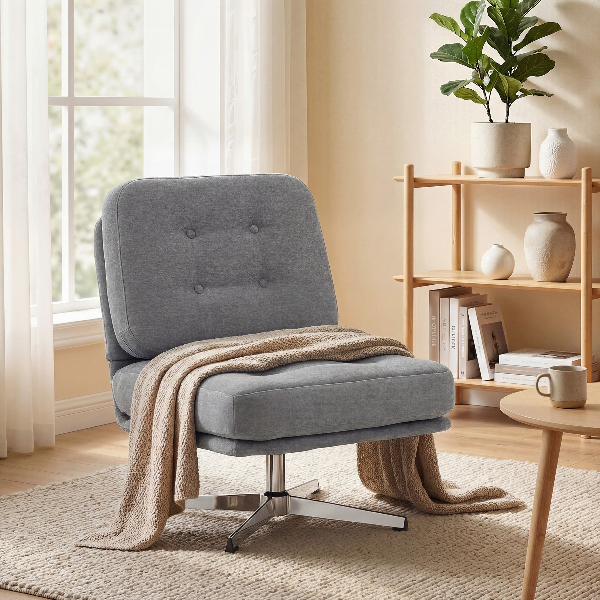 360° Swivel Chenille Lounge Chair — Extra-Wide Padded Reading Chair with Metal Legs, Light Gray