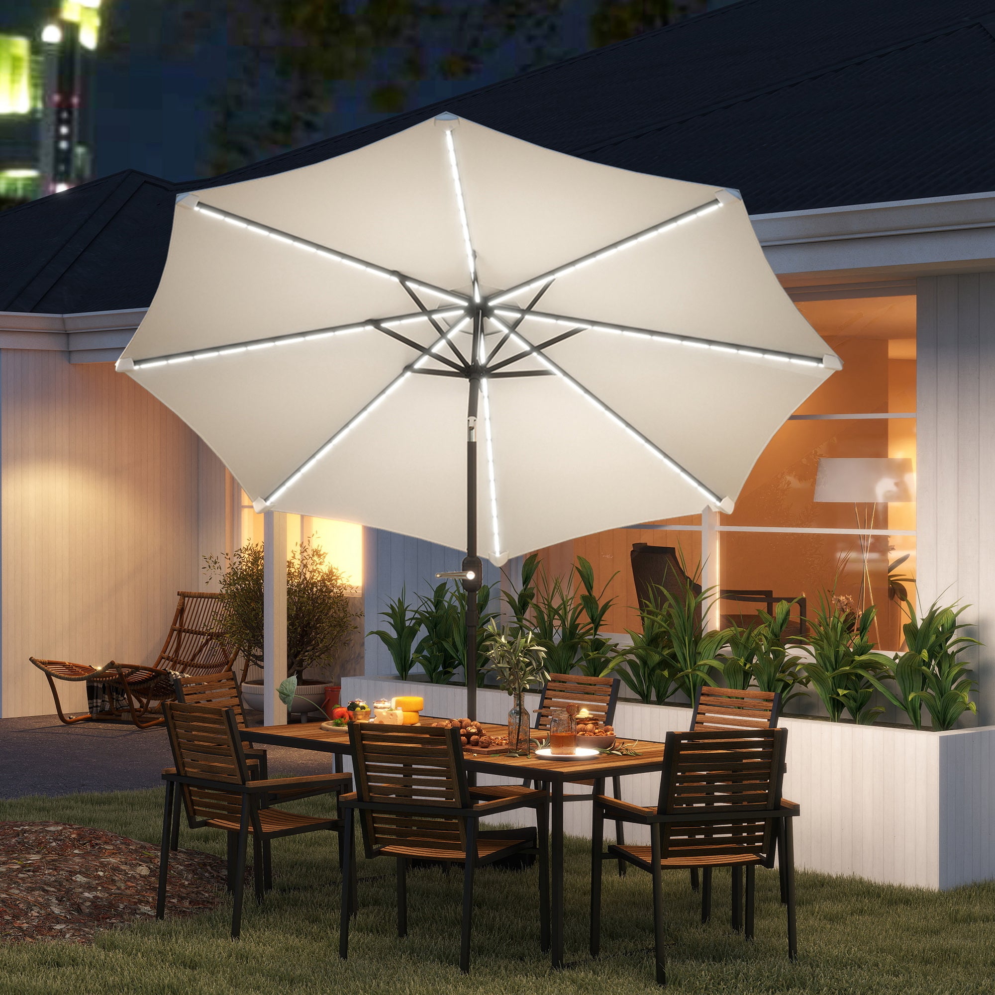 Outdoor Patio Umbrella with Solar LED Lights Ø292x252 cm Garden Umbrella with Adjustable Tilt up to 45° Waterproof and Crank Parasol for Patio Pool Without Base Cream