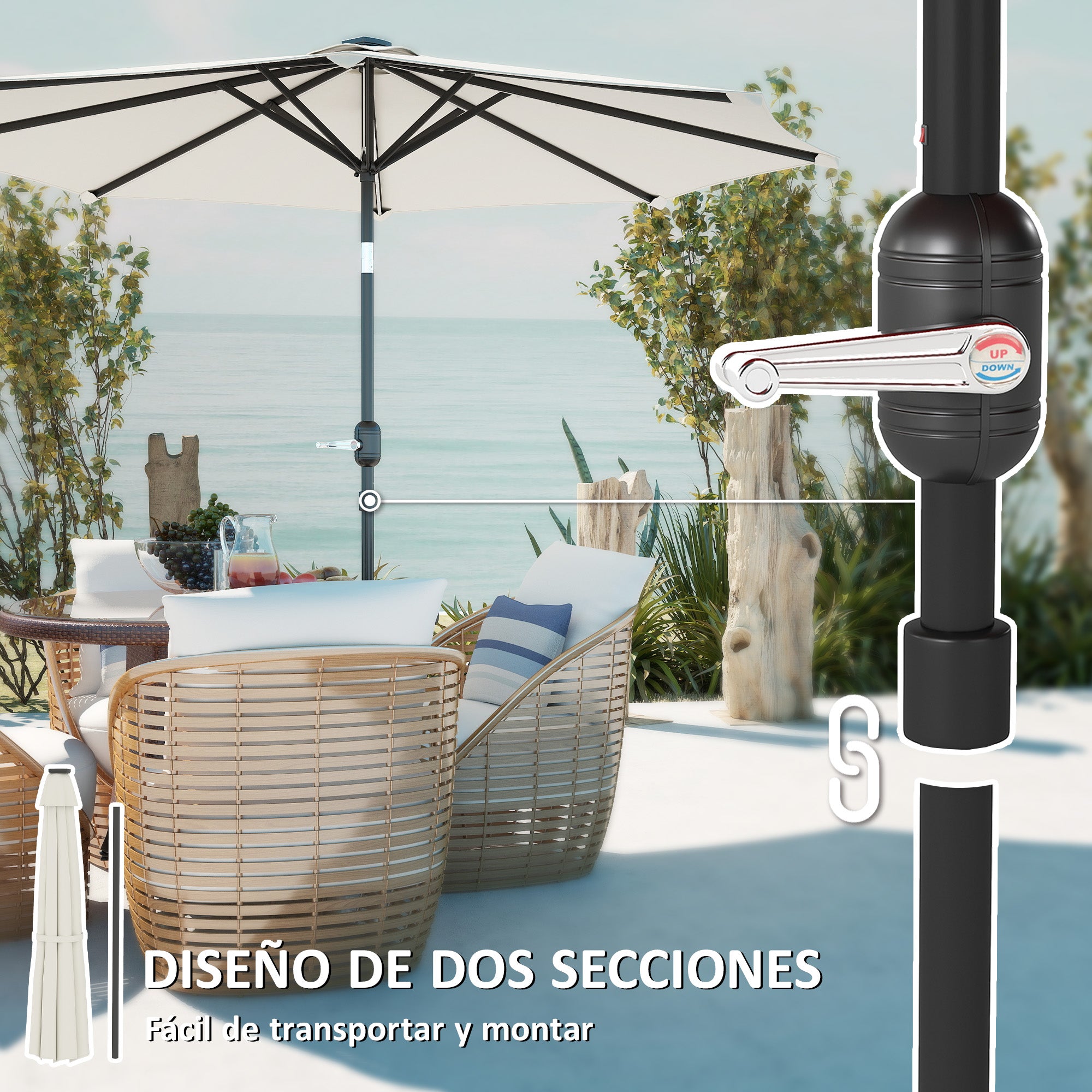 Outdoor Patio Umbrella with Solar LED Lights Ø292x252 cm Garden Umbrella with Adjustable Tilt up to 45° Waterproof and Crank Parasol for Patio Pool Without Base Cream
