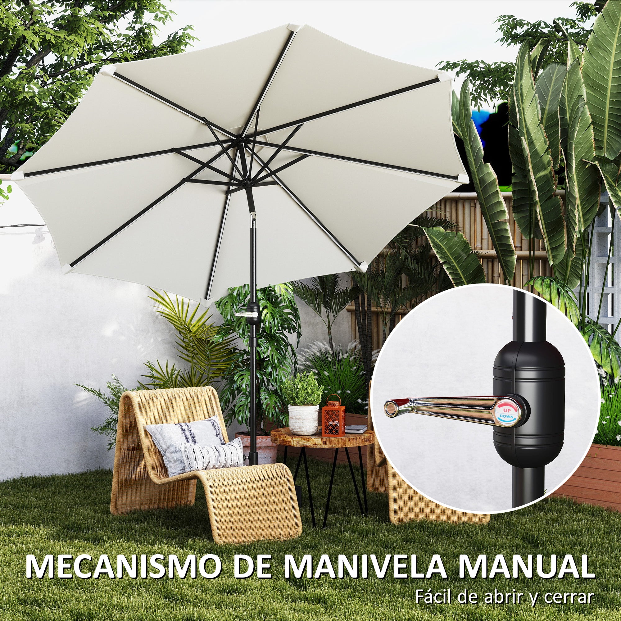 Outdoor Patio Umbrella with Solar LED Lights Ø292x252 cm Garden Umbrella with Adjustable Tilt up to 45° Waterproof and Crank Parasol for Patio Pool Without Base Cream