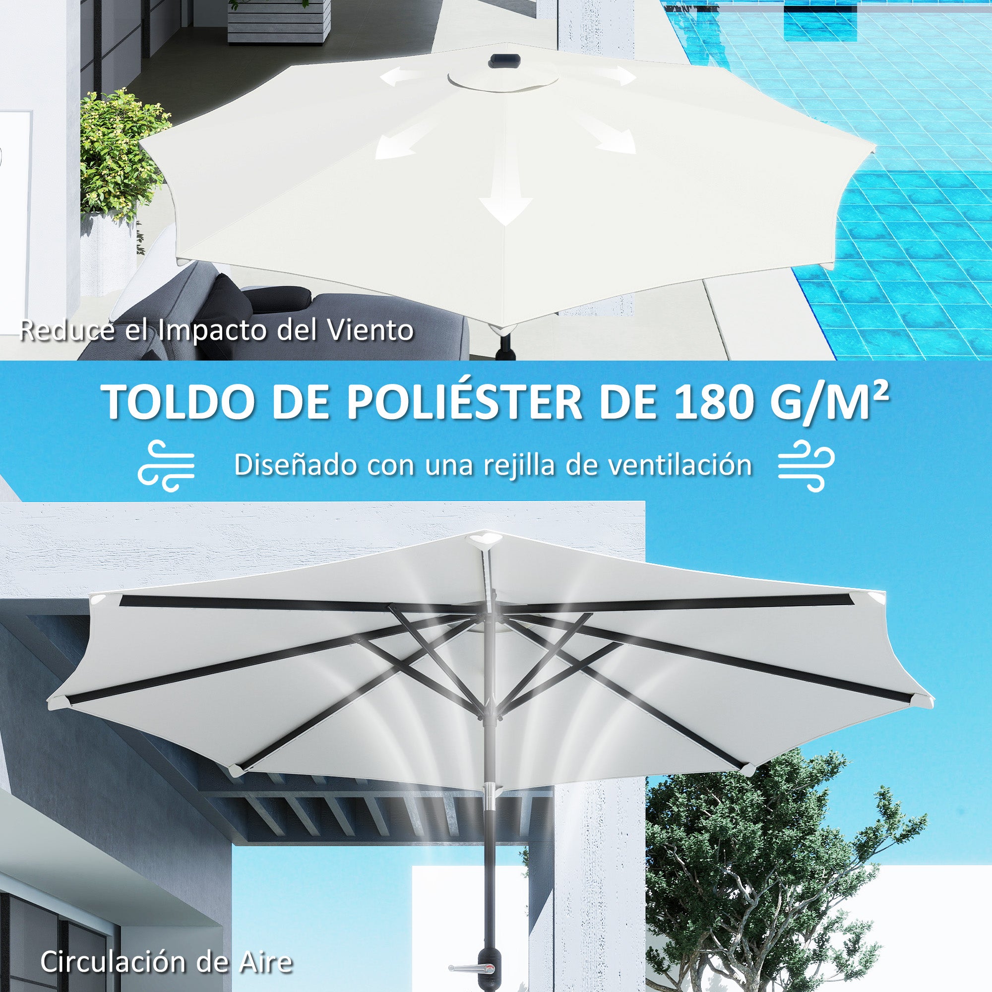 Outdoor Patio Umbrella with Solar LED Lights Ø292x252 cm Garden Umbrella with Adjustable Tilt up to 45° Waterproof and Crank Parasol for Patio Pool Without Base Cream