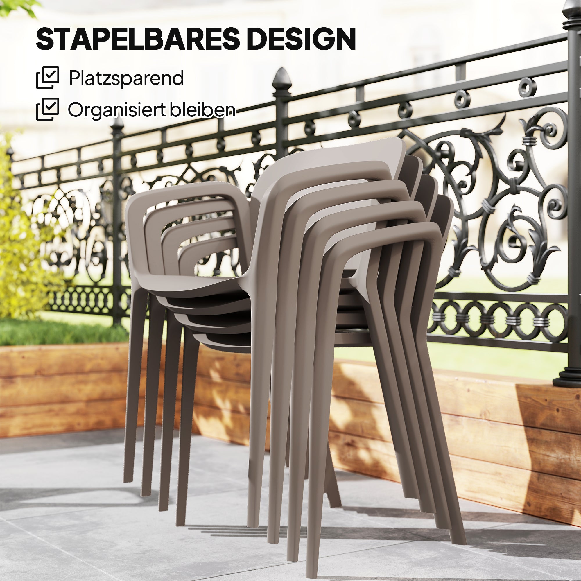 Garden Chair 4-Pack Weatherproof Plastic Garden Chairs with Armrests Backrest Stackable Patio Chair Supports up to 120 kg Outdoor Furniture for backyard, garden, balcony Grey