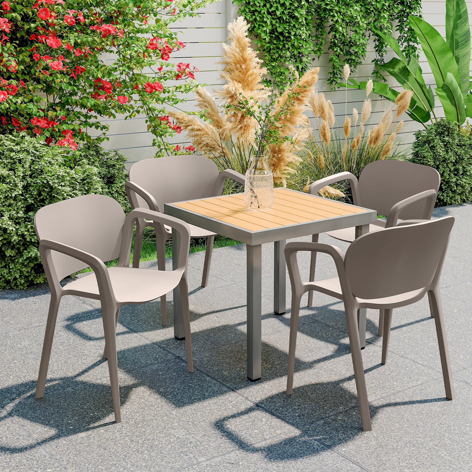 Garden Chair 4-Pack Weatherproof Plastic Garden Chairs with Armrests Backrest Stackable Patio Chair Supports up to 120 kg Outdoor Furniture for backyard, garden, balcony Grey