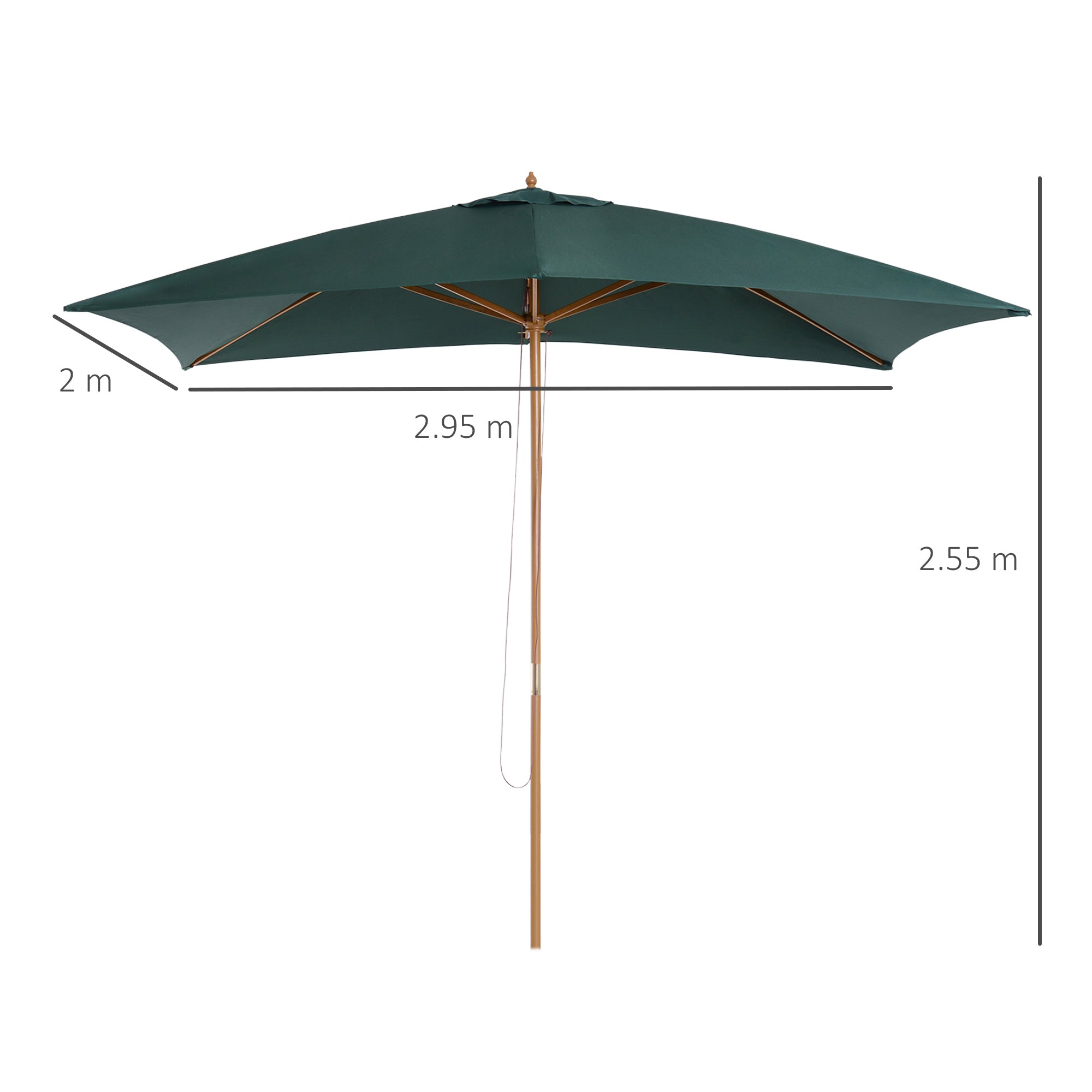Garden Umbrella 2x3m with Rope and Air Vents, Outdoor Umbrella with 6 Wooden, Bamboo and 180g/㎡ Polyester Ribs, for Courtyard, Terrace and Balcony, Dark Green
