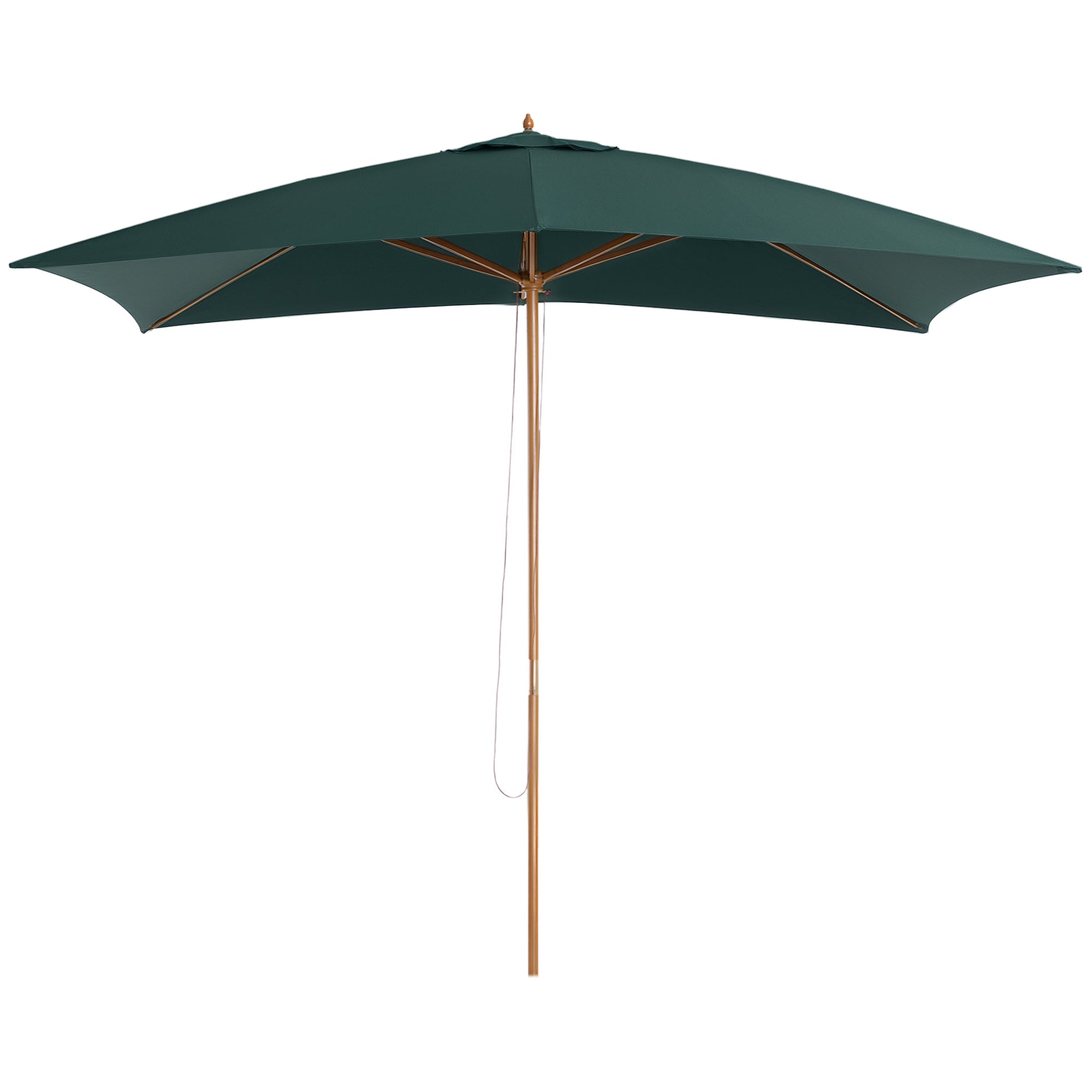 Garden Umbrella 2x3m with Rope and Air Vents, Outdoor Umbrella with 6 Wooden, Bamboo and 180g/㎡ Polyester Ribs, for Courtyard, Terrace and Balcony, Dark Green