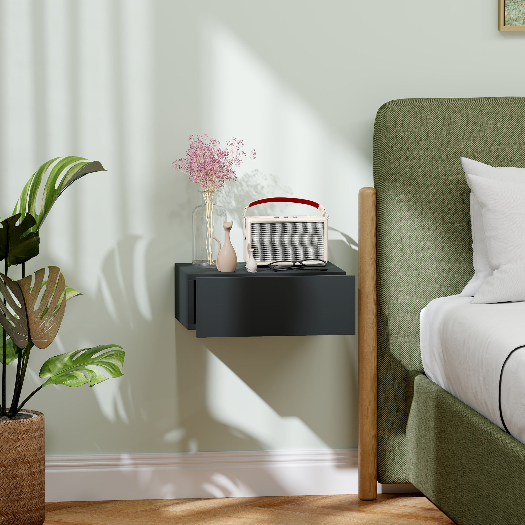 Suspended Bedside Table with Drawer, Bedroom Bedside Table in Particle Board, Modern Style, 40x30x15 cm, Black