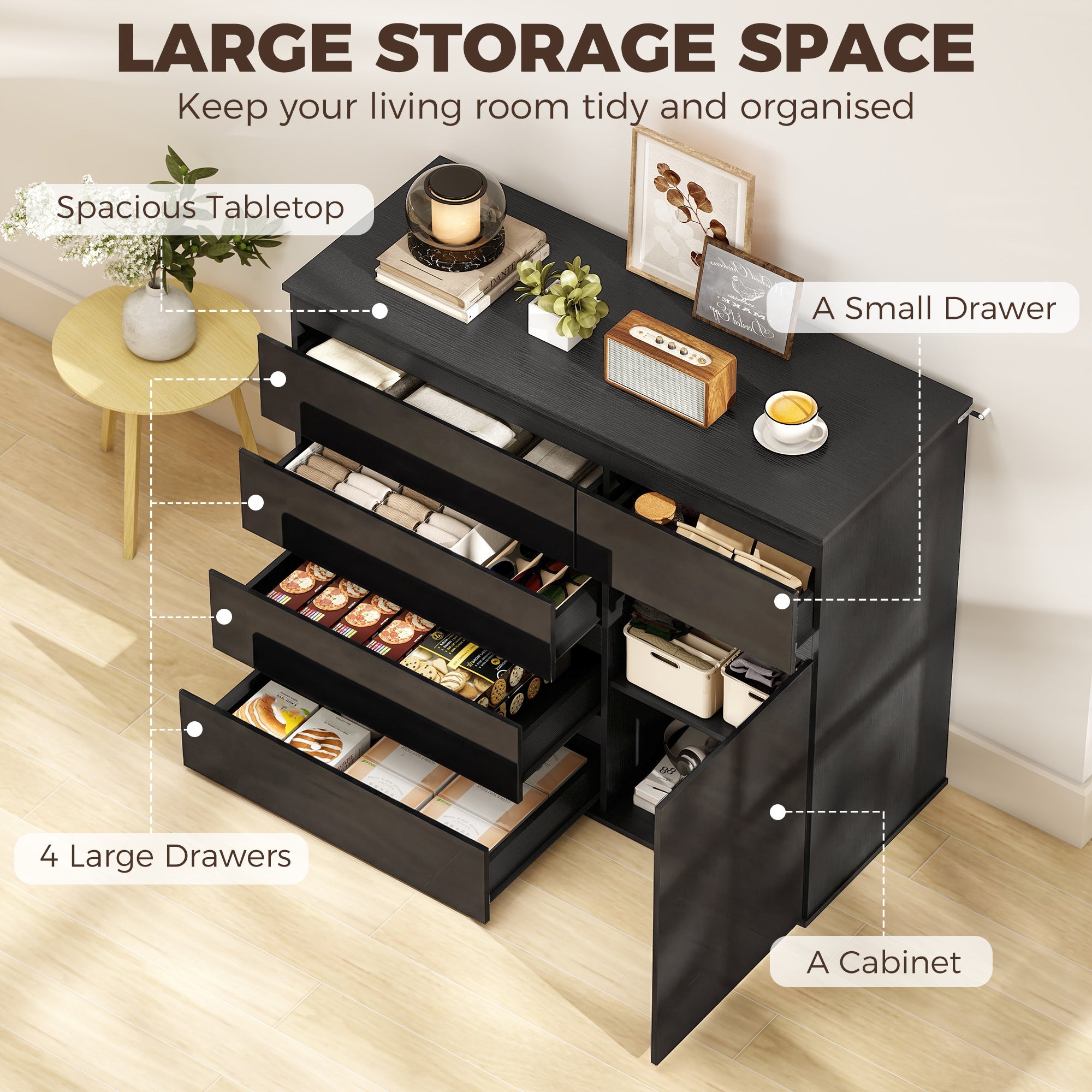 Sideboard — 5-Drawer Dresser with Adjustable Shelf & Soft-Close Door, Kitchen Cabinet for Living Room/Kitchen/Dining, High-Gloss Black, 39.4 x 15.7 x 31.5 in (100 x 40 x 80 cm)