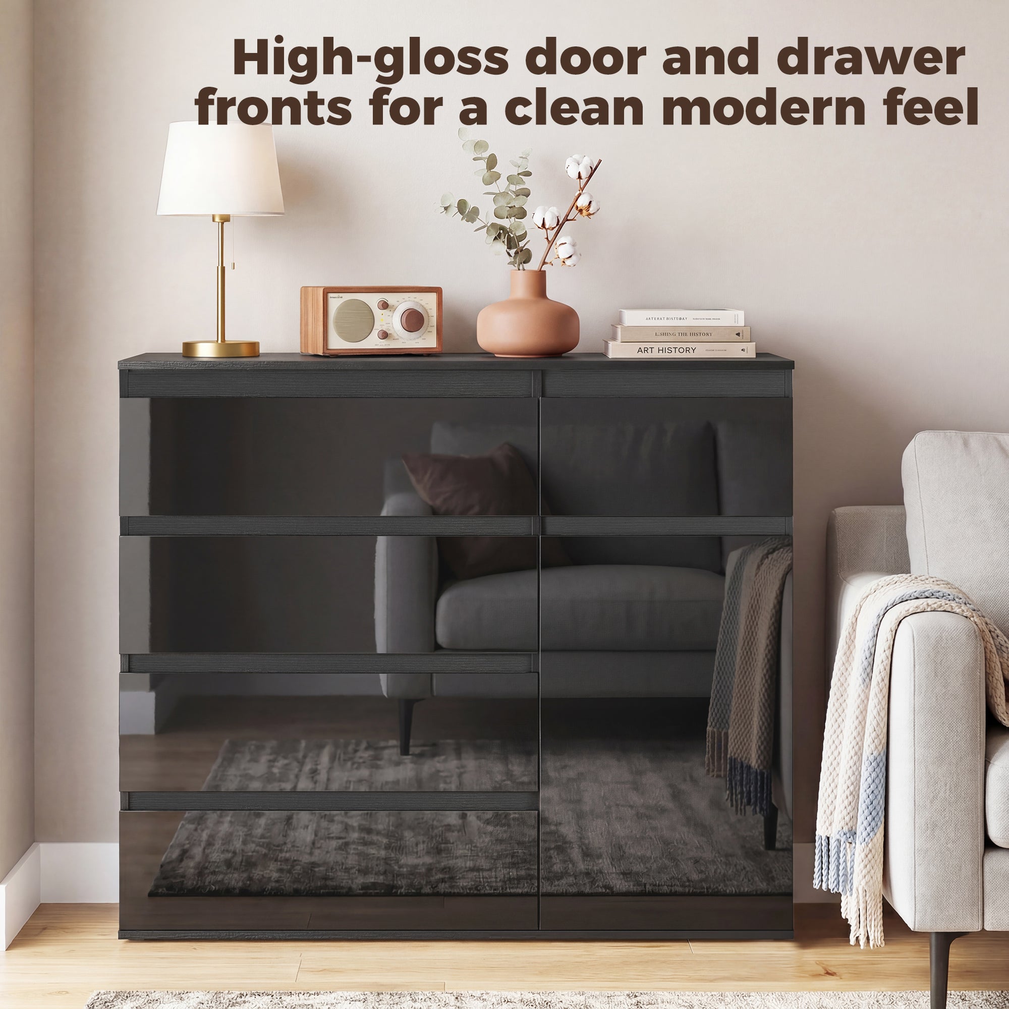 Sideboard — 5-Drawer Dresser with Adjustable Shelf & Soft-Close Door, Kitchen Cabinet for Living Room/Kitchen/Dining, High-Gloss Black, 39.4 x 15.7 x 31.5 in (100 x 40 x 80 cm)