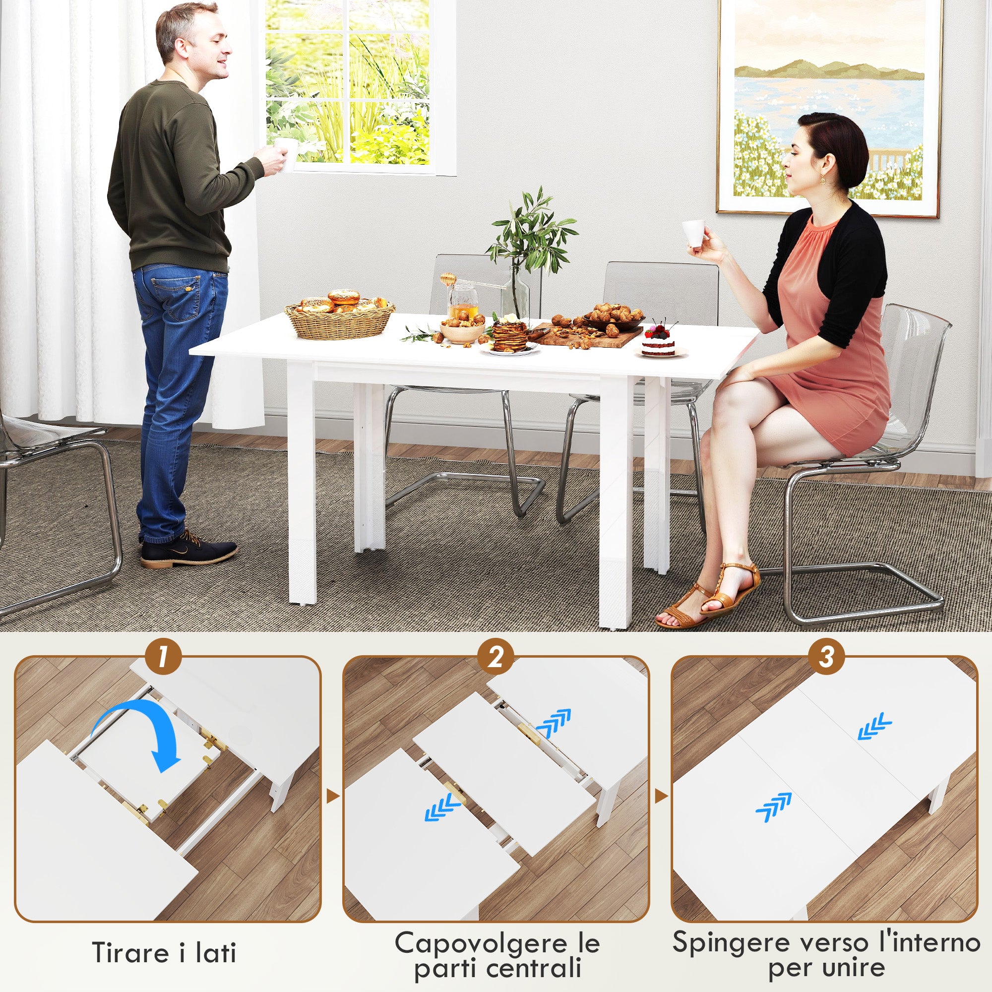 Extendable Dining Table for 4-6 People with Flip Panels, Extendable Kitchen Table in MDF, for Dining Room, Living Room, 120-160x80x78 cm, Glossy White