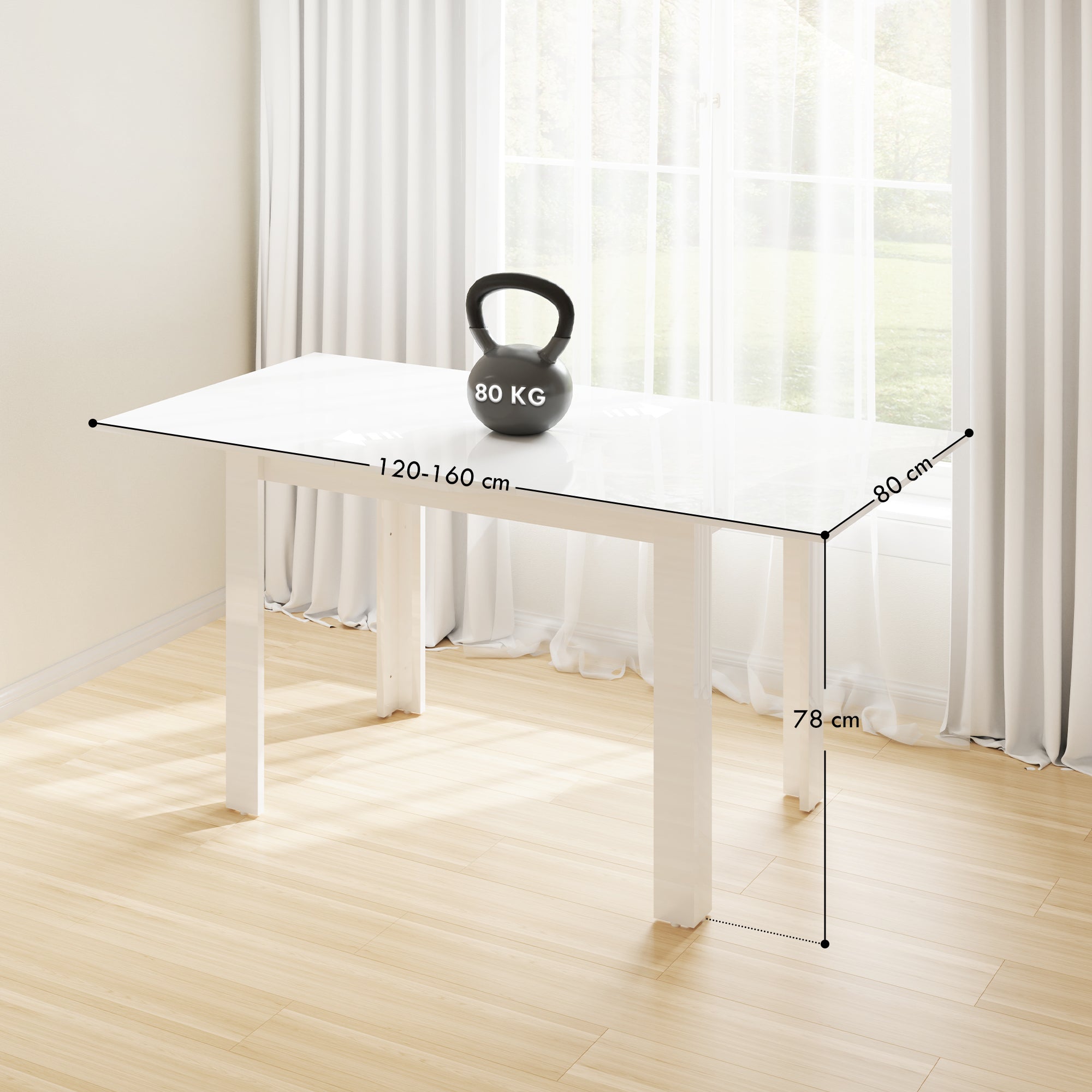 Extendable Dining Table for 4-6 People with Flip Panels, Extendable Kitchen Table in MDF, for Dining Room, Living Room, 120-160x80x78 cm, Glossy White