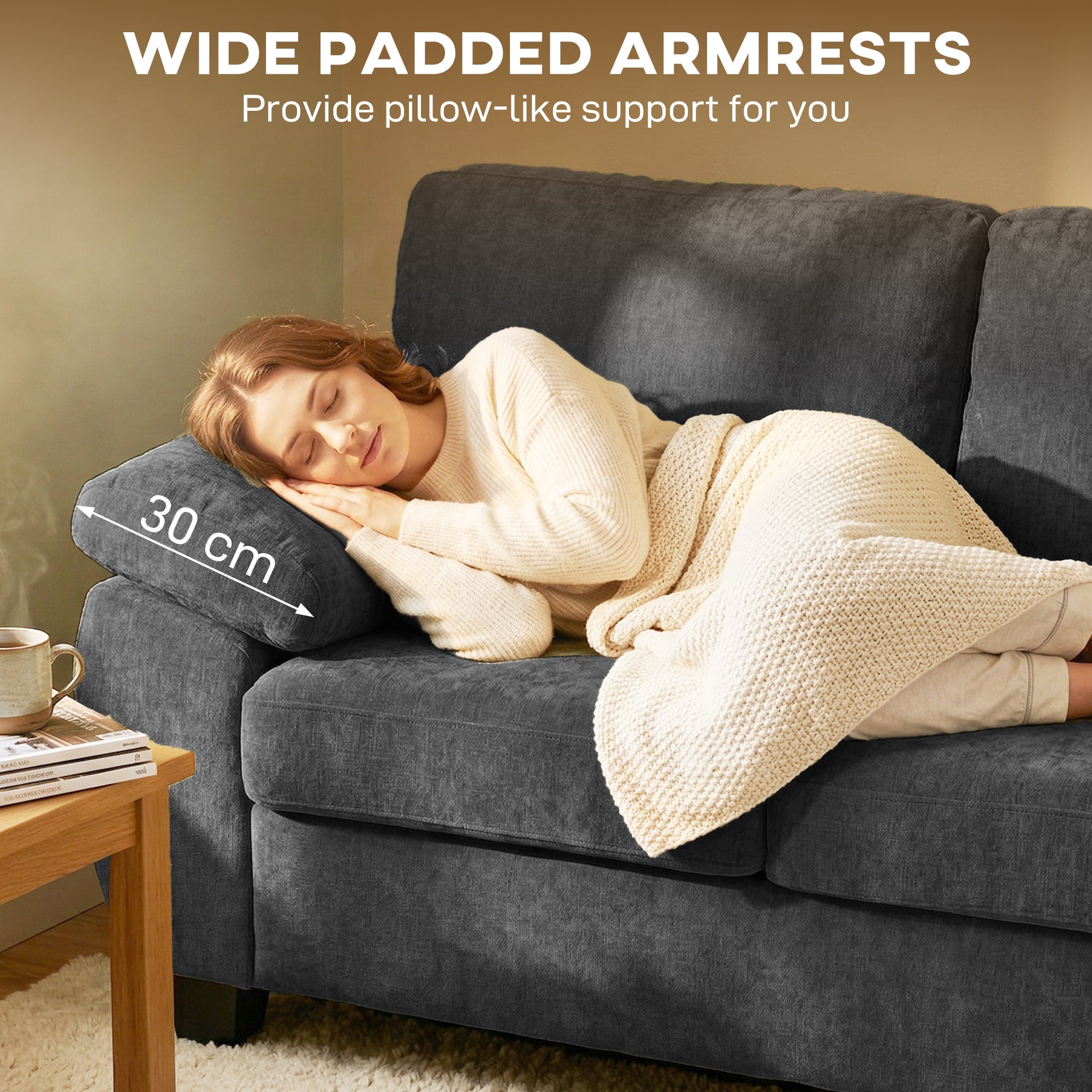 2-Seater Chenille Sofa, Compact 61.4" Fabric Couch with Thick Pocket-Spring Cushion & Wide Padded Arms – Dark Gray