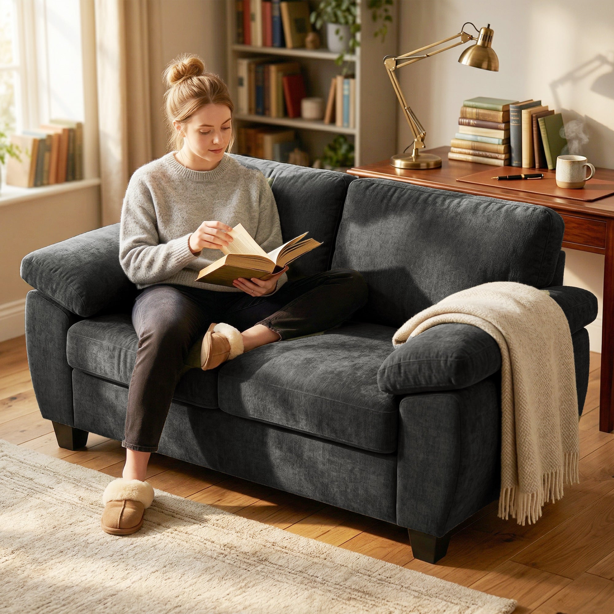 2-Seater Chenille Sofa, Compact 61.4" Fabric Couch with Thick Pocket-Spring Cushion & Wide Padded Arms – Dark Gray