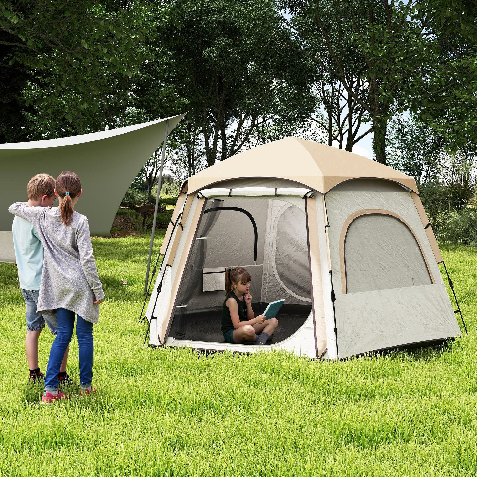 Camping Tent for 2-4 People Foldable Camping Tent Easy Installation Mesh Windows Hook and Carry Bag UV Protection Waterproof for Hiking White and Beige