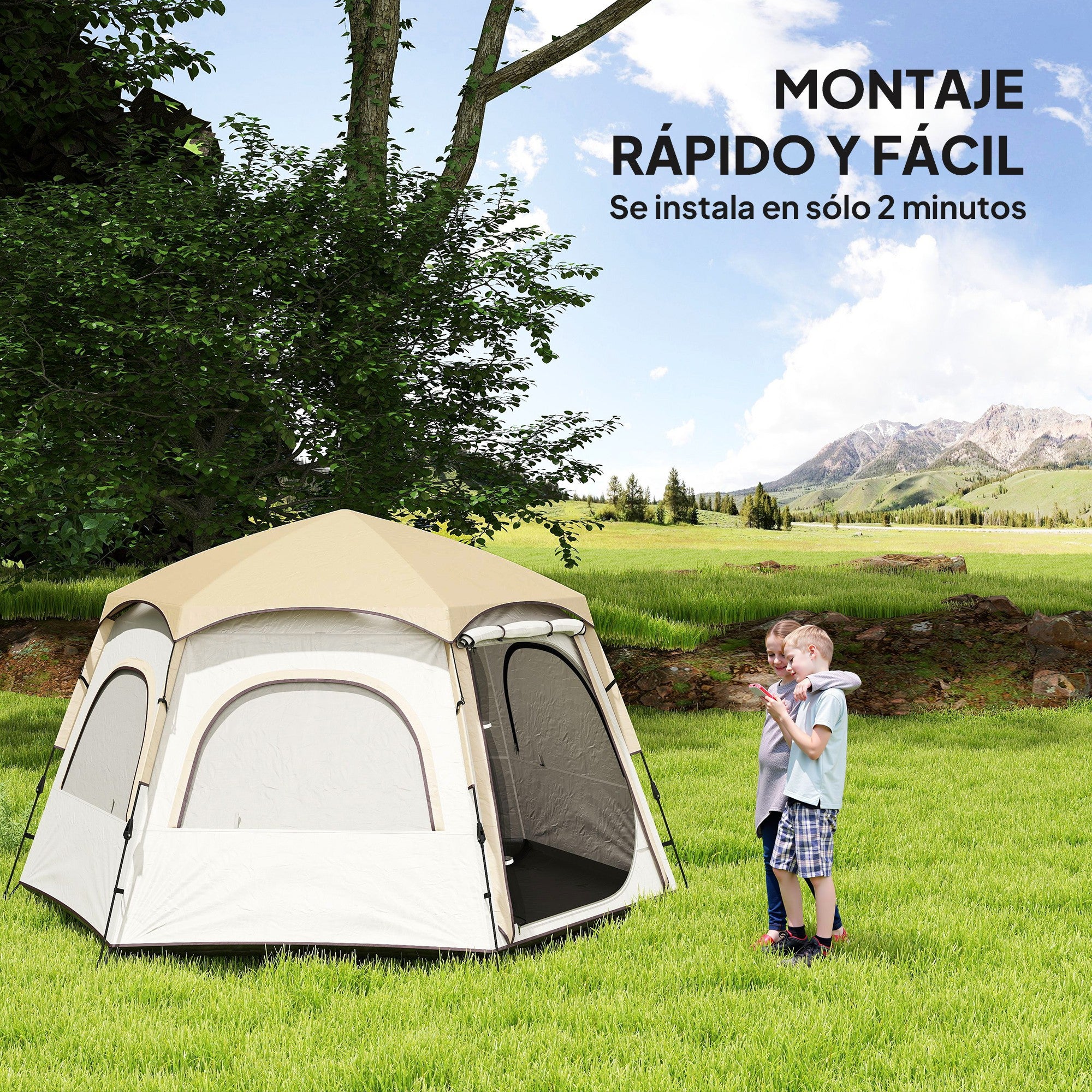 Camping Tent for 2-4 People Foldable Camping Tent Easy Installation Mesh Windows Hook and Carry Bag UV Protection Waterproof for Hiking White and Beige