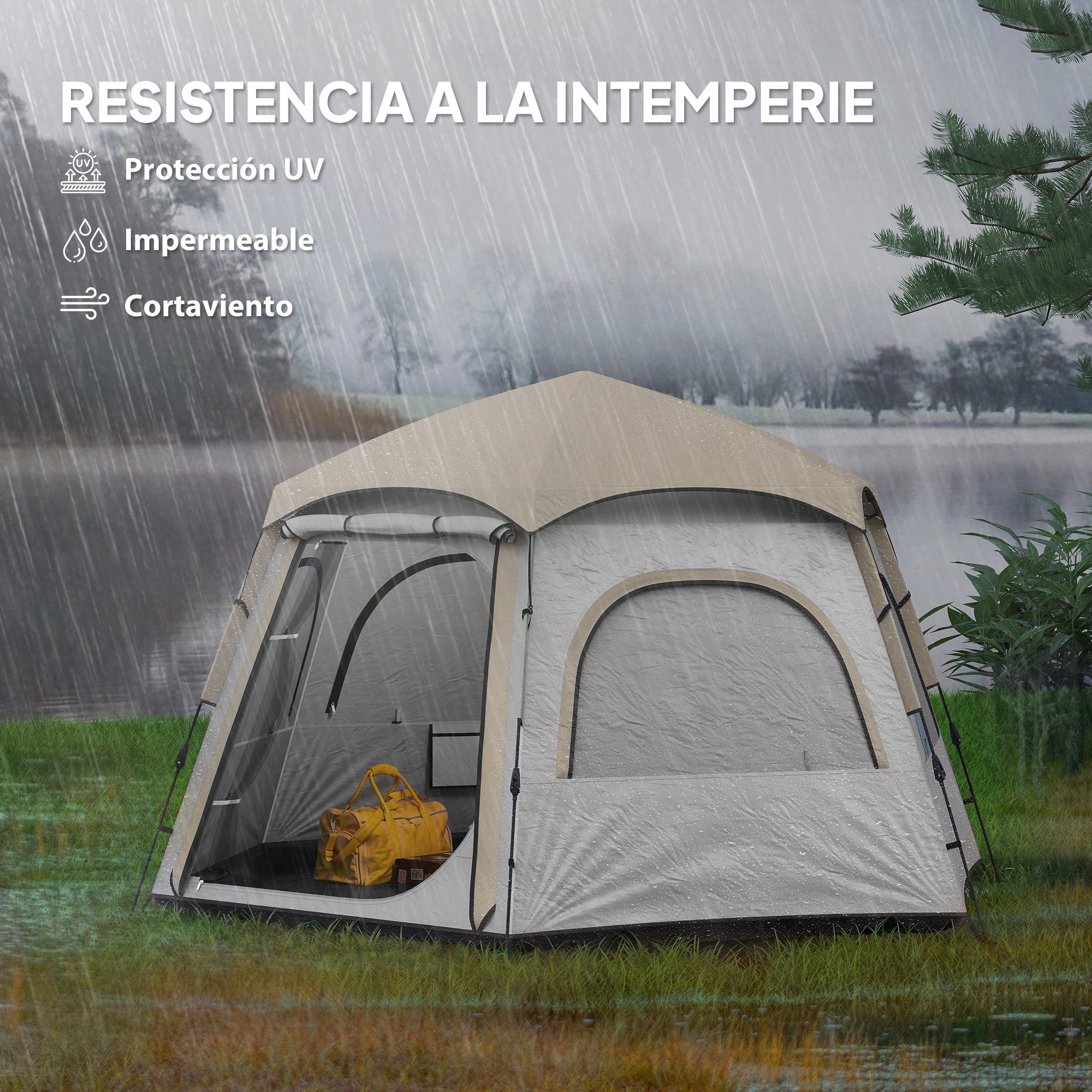 Camping Tent for 2-4 People Foldable Camping Tent Easy Installation Mesh Windows Hook and Carry Bag UV Protection Waterproof for Hiking White and Beige