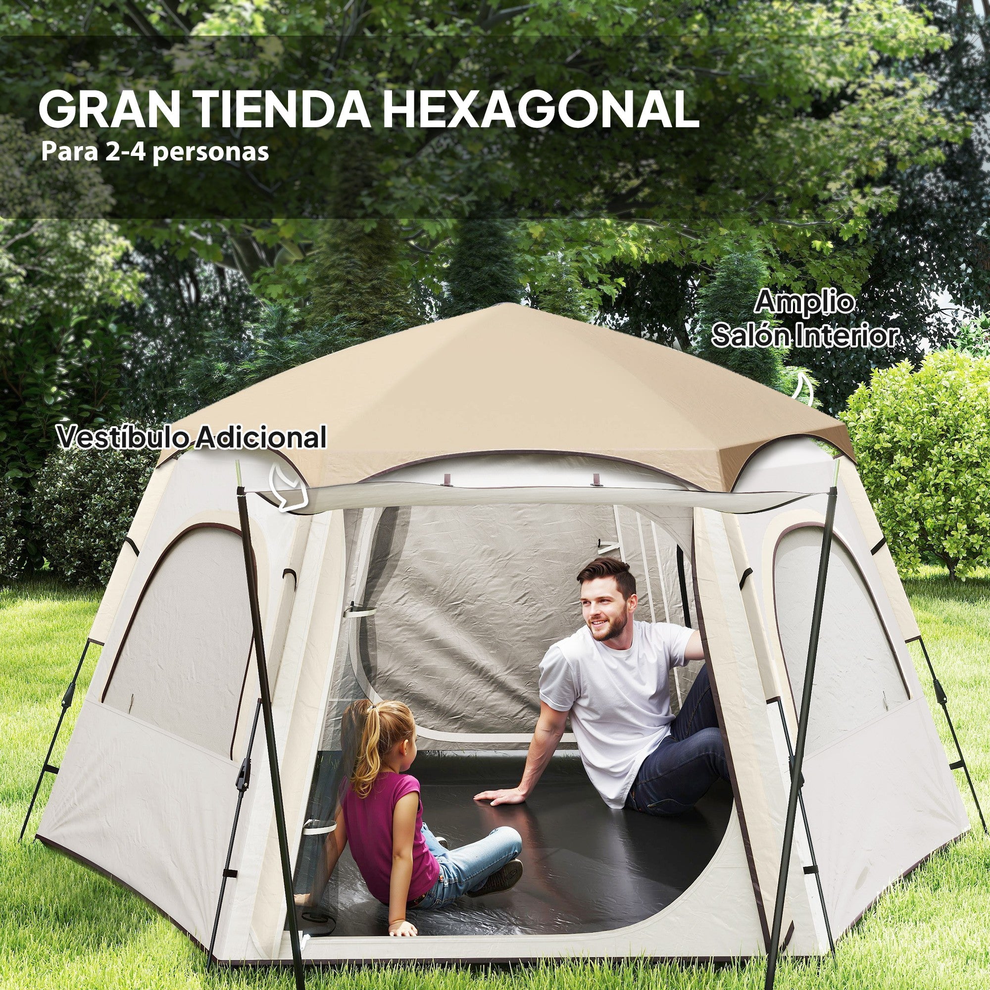 Camping Tent for 2-4 People Foldable Camping Tent Easy Installation Mesh Windows Hook and Carry Bag UV Protection Waterproof for Hiking White and Beige