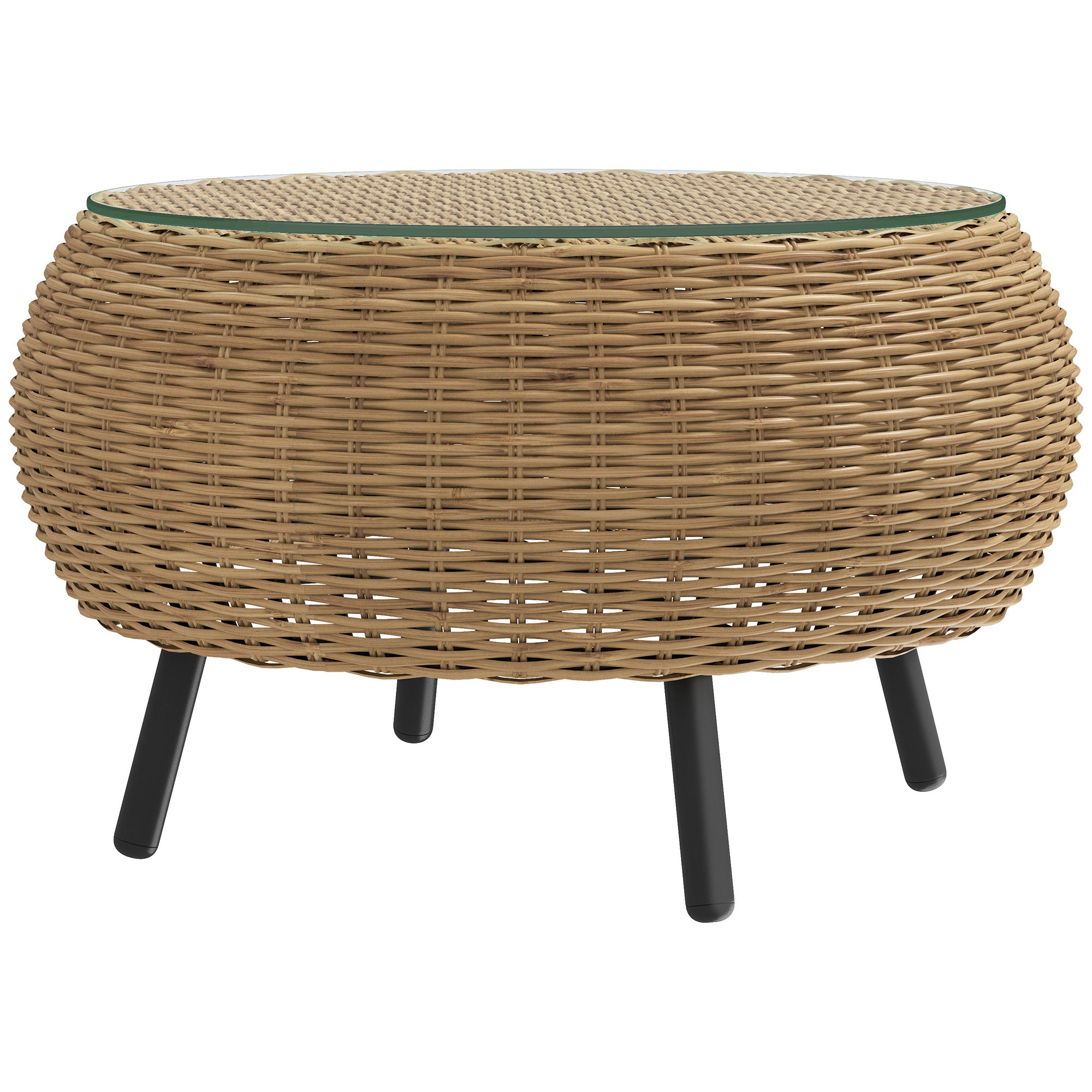 Poly Rattan Side Table Round Coffee Table with Glass Table Top Balcony Table Garden Table Side Table Tea Table Rattan Table for Garden Terrace Balcony, Ø75 x 42 cm Brown