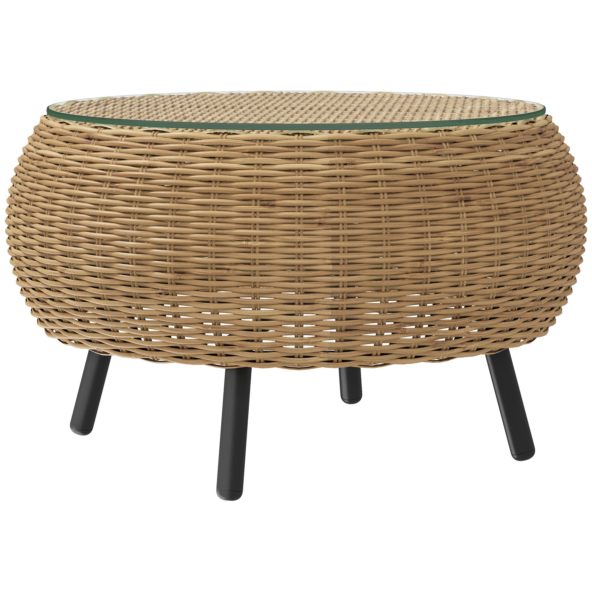 Poly Rattan Side Table Round Coffee Table with Glass Table Top Balcony Table Garden Table Side Table Tea Table Rattan Table for Garden Terrace Balcony, Ø75 x 42 cm Brown
