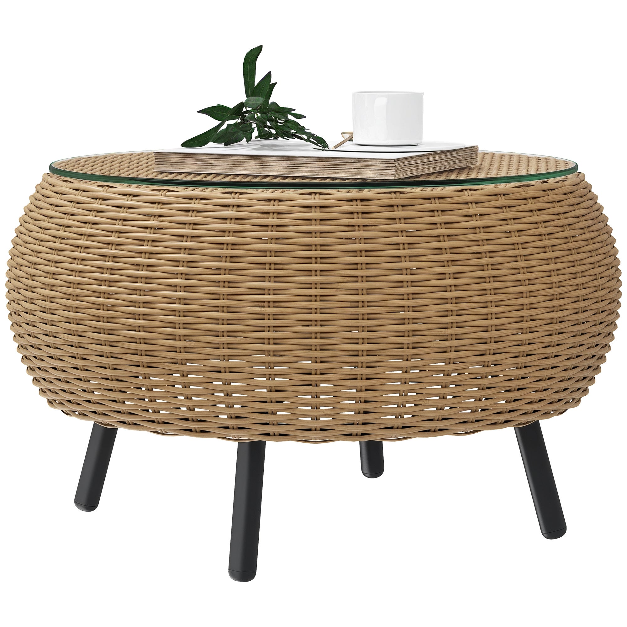 Poly Rattan Side Table Round Coffee Table with Glass Table Top Balcony Table Garden Table Side Table Tea Table Rattan Table for Garden Terrace Balcony, Ø75 x 42 cm Brown