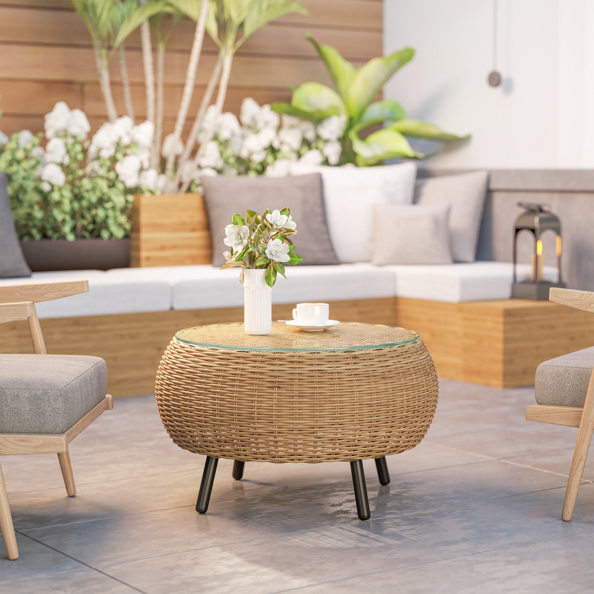 Poly Rattan Side Table Round Coffee Table with Glass Table Top Balcony Table Garden Table Side Table Tea Table Rattan Table for Garden Terrace Balcony, Ø75 x 42 cm Brown