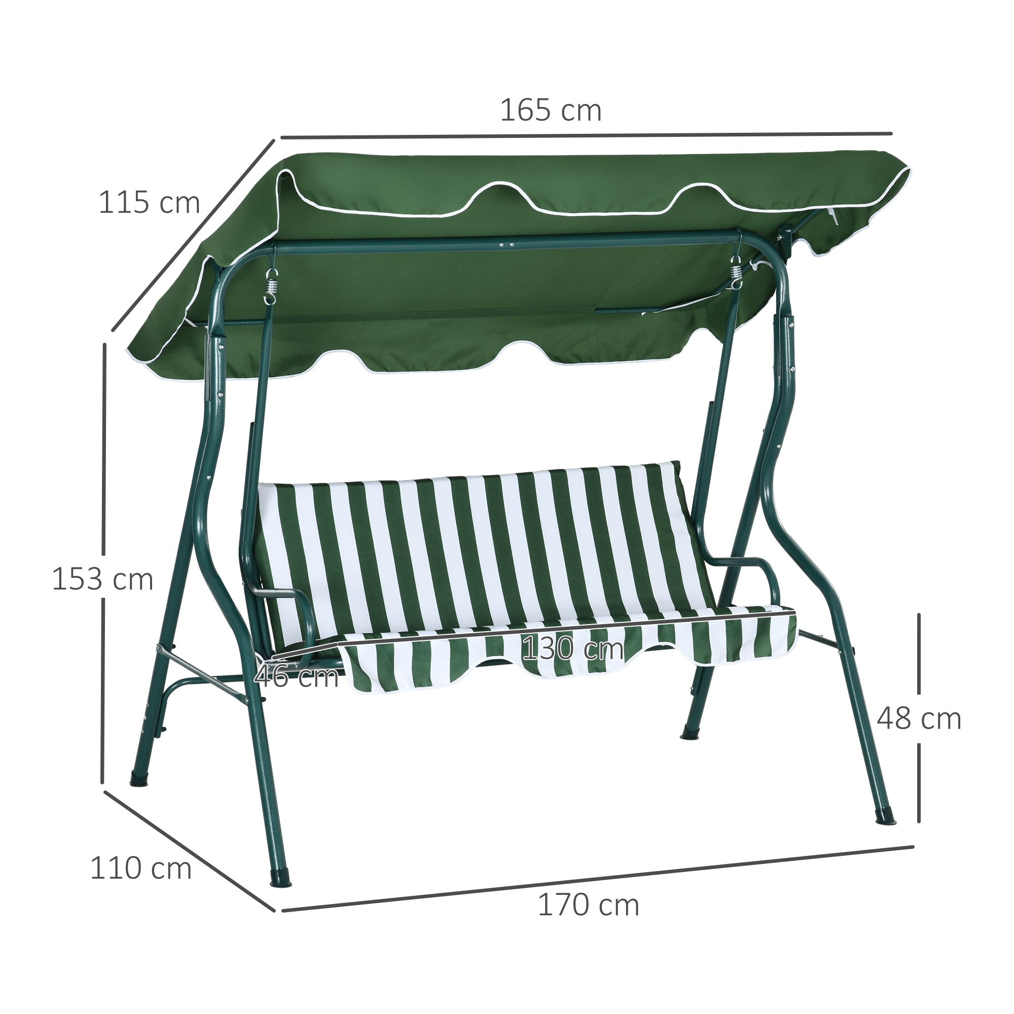 Hollywood Swing, 3-Seater Garden Swing, Swing Bench, Adjustable Sun Canopy, Steel Frame, Green 170 x 110 x 153 cm