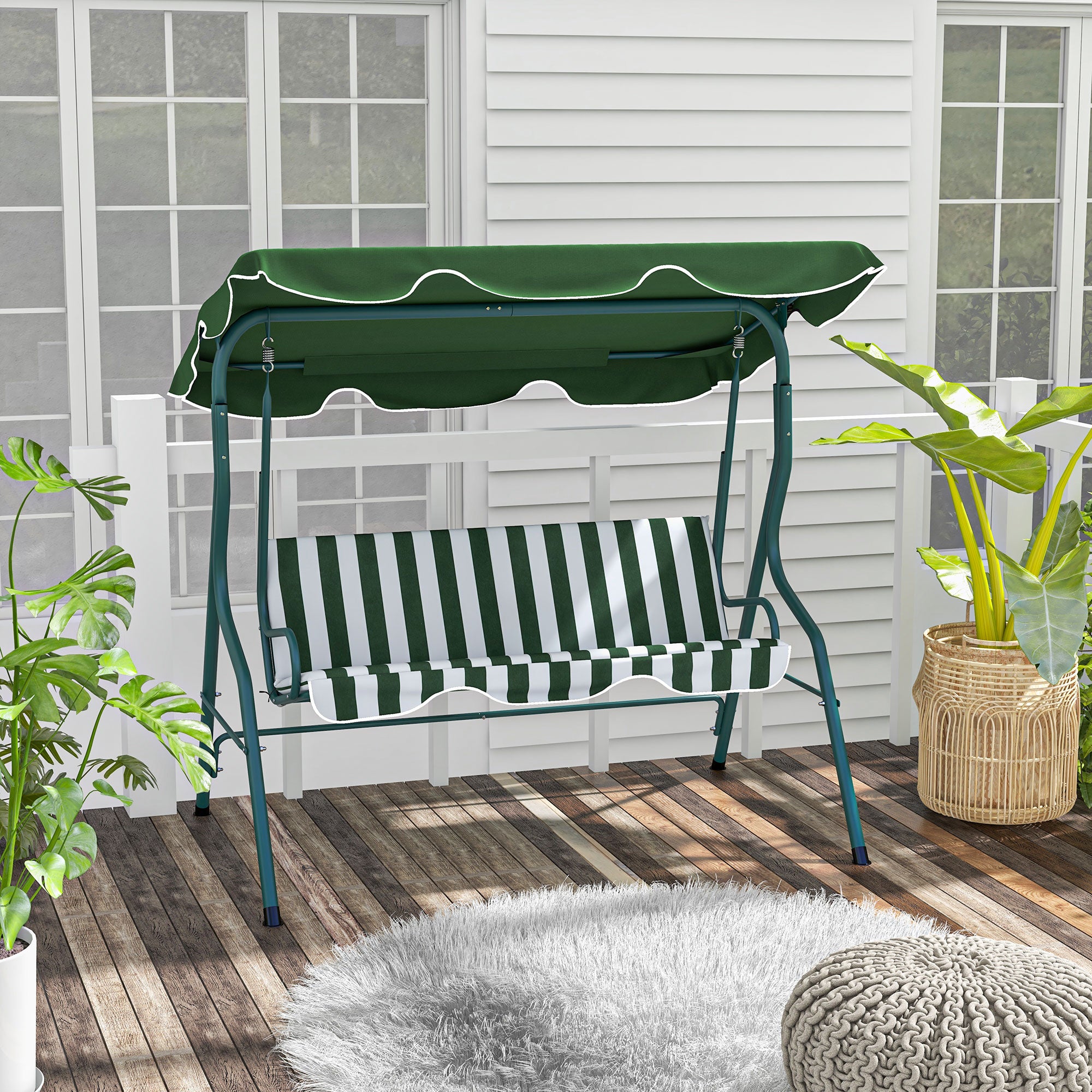 Hollywood Swing, 3-Seater Garden Swing, Swing Bench, Adjustable Sun Canopy, Steel Frame, Green 170 x 110 x 153 cm