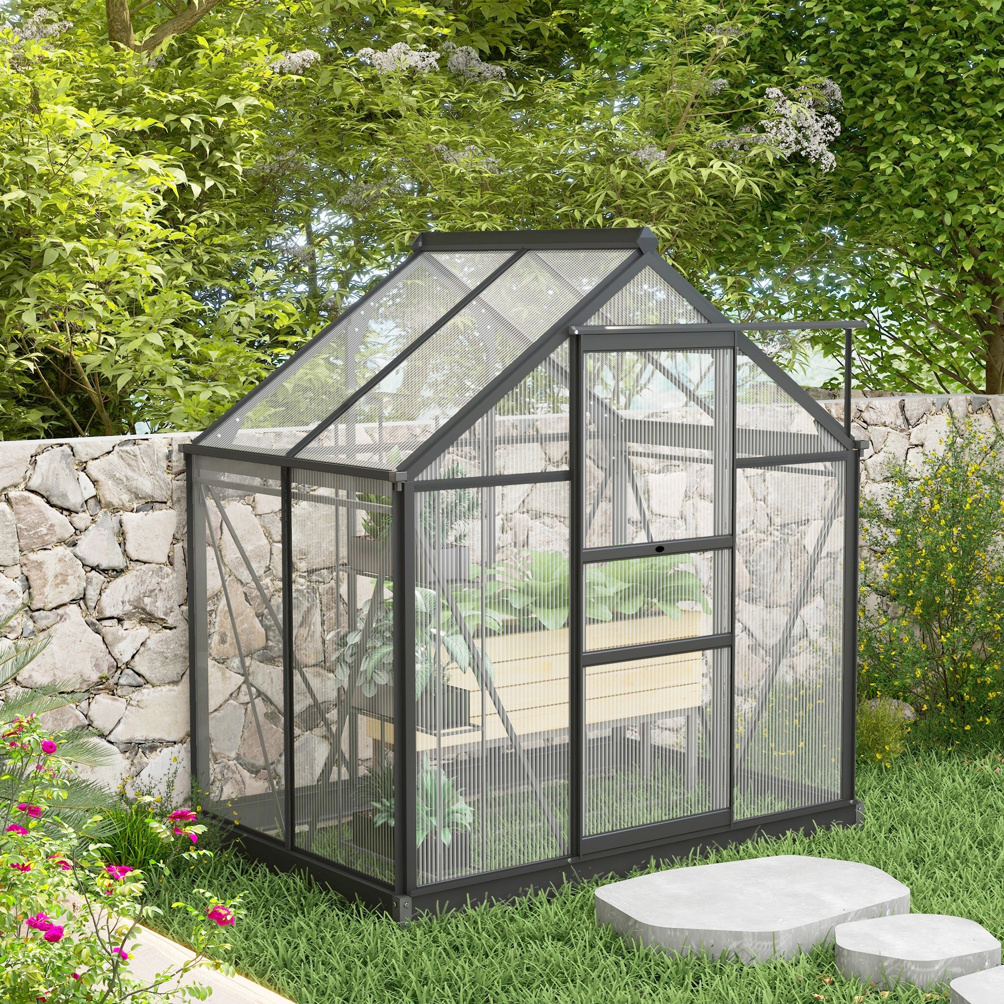 Polycarbonate Garden Greenhouse 2.51 m² Aluminum Greenhouse for Garden 190 x 132 x 201 cm UV-Resistant, with Reinforced Foundation, Gutter, Skylight, and Sliding Door, Gray