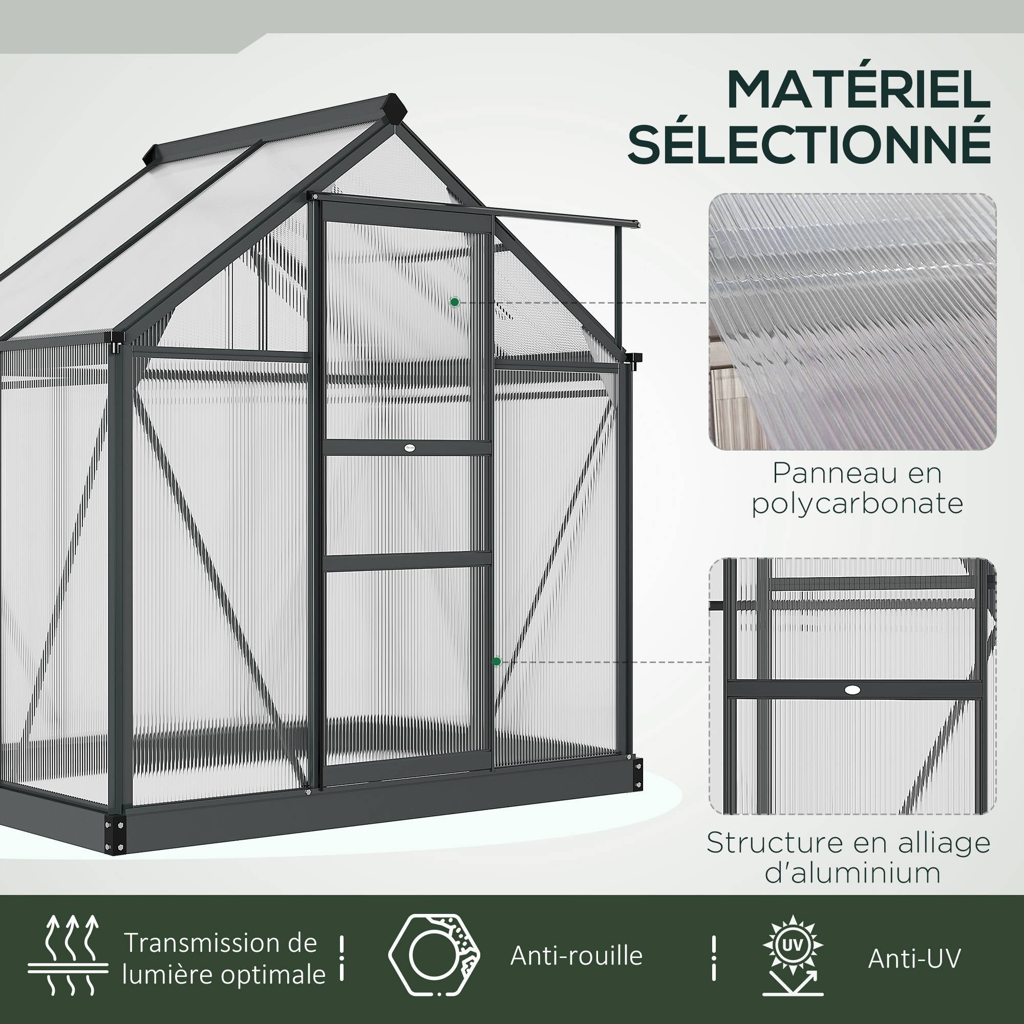 Polycarbonate Garden Greenhouse 2.51 m² Aluminum Greenhouse for Garden 190 x 132 x 201 cm UV-Resistant, with Reinforced Foundation, Gutter, Skylight, and Sliding Door, Gray