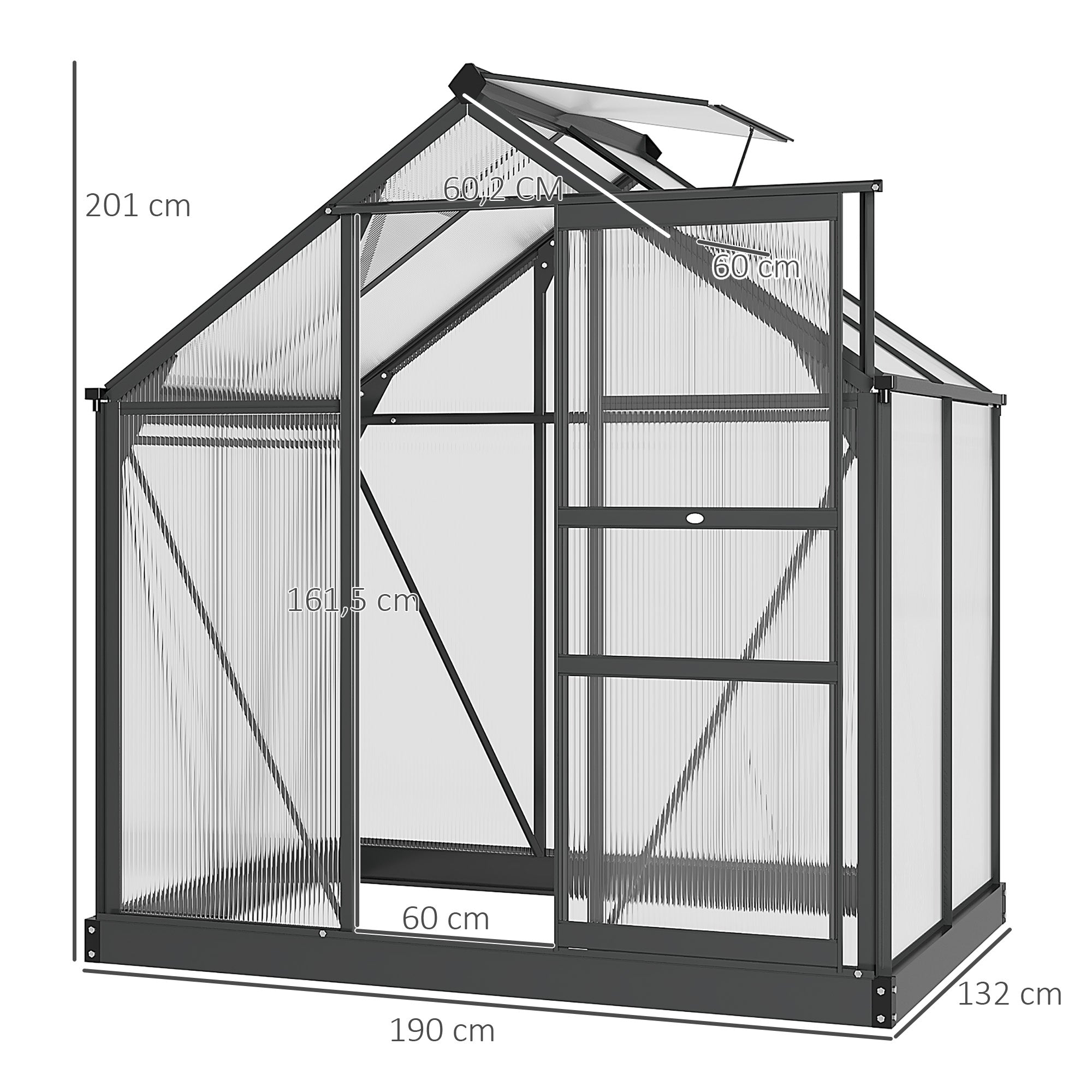 Polycarbonate Garden Greenhouse 2.51 m² Aluminum Greenhouse for Garden 190 x 132 x 201 cm UV-Resistant, with Reinforced Foundation, Gutter, Skylight, and Sliding Door, Gray