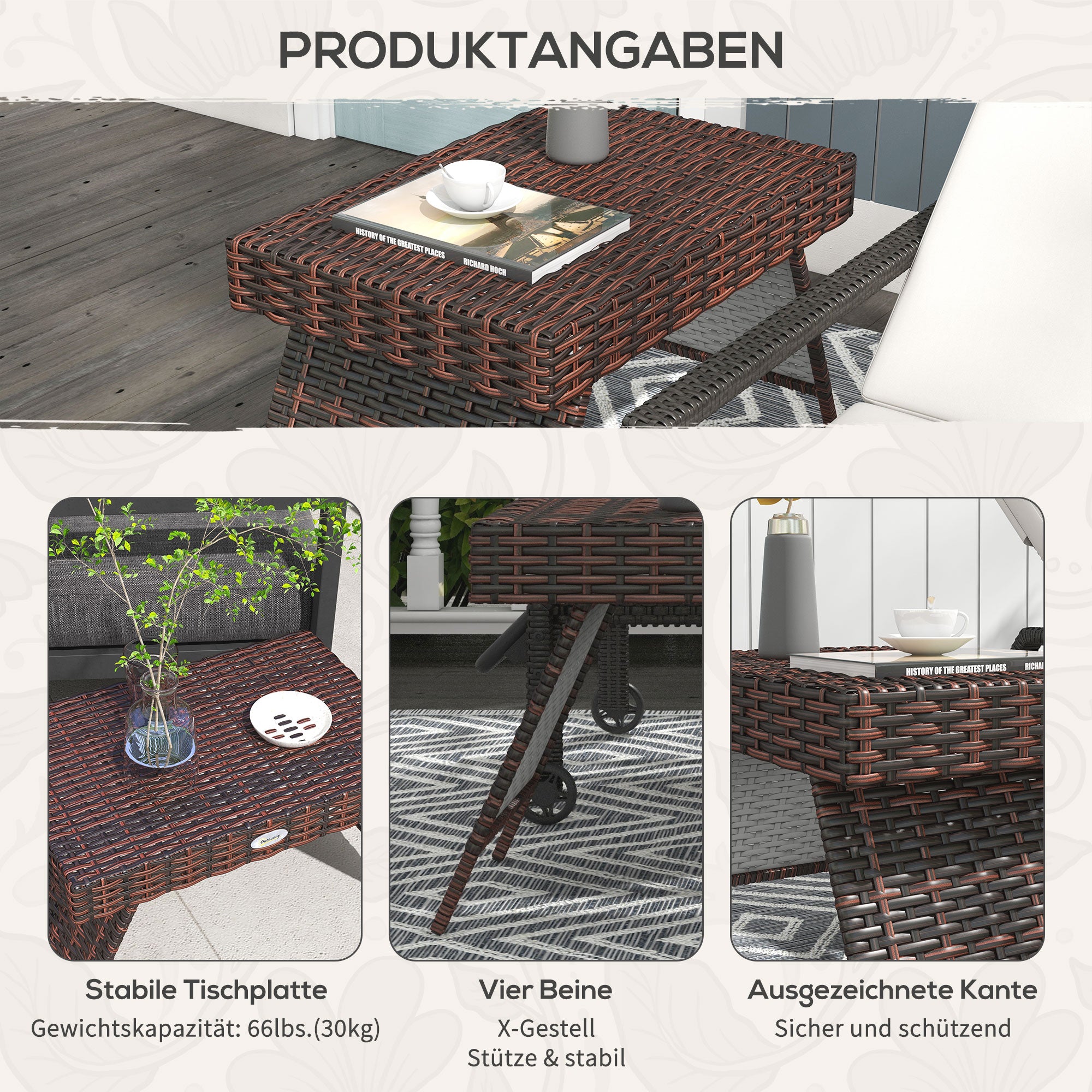 Rattan Side Table Garden Table Folding Table Weatherproof Camping Table Coffee Table for Garden, Balcony, Brown, 60 x 41 x 41 cm