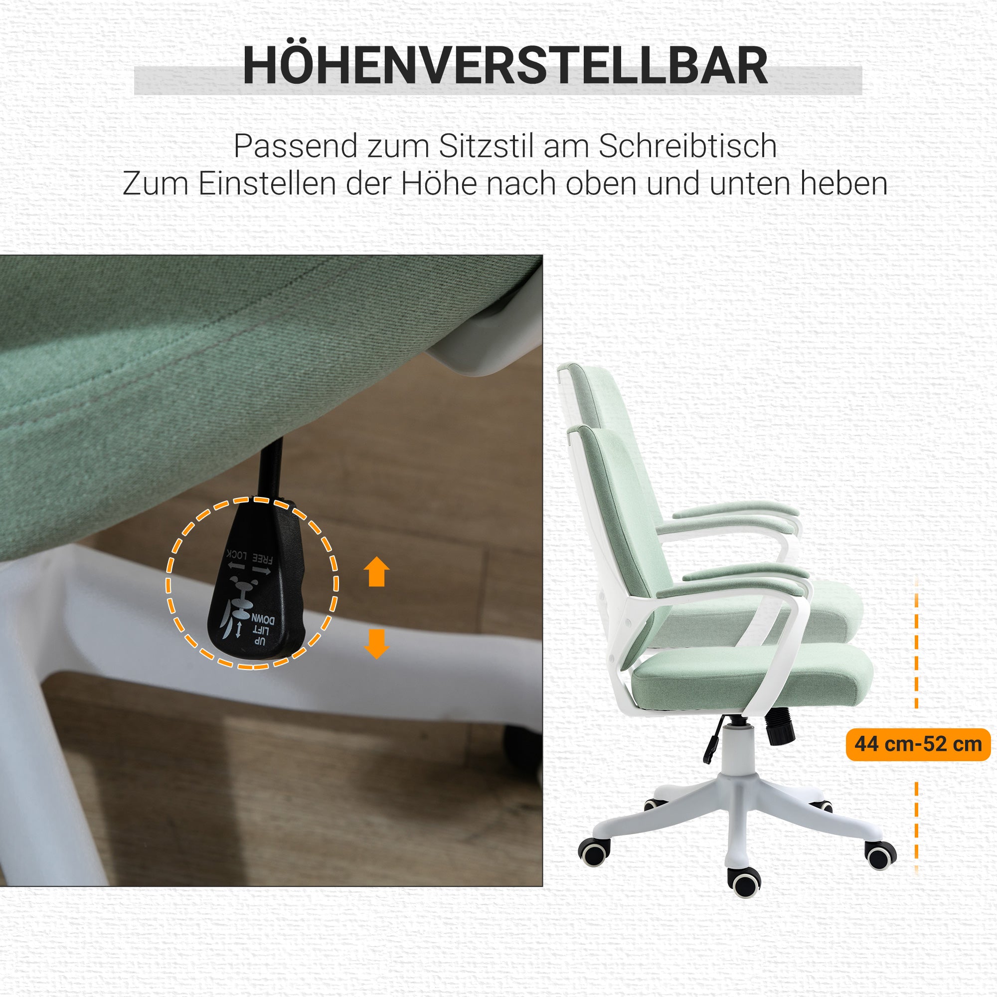 Office Chair Desk Chair Home Office Chair with Rocking Function Height Adjustable Thickly Padded Ergonomic 360° Swivel Wheels Polyester Nylon PP Green+White 62x69x92-100 cm