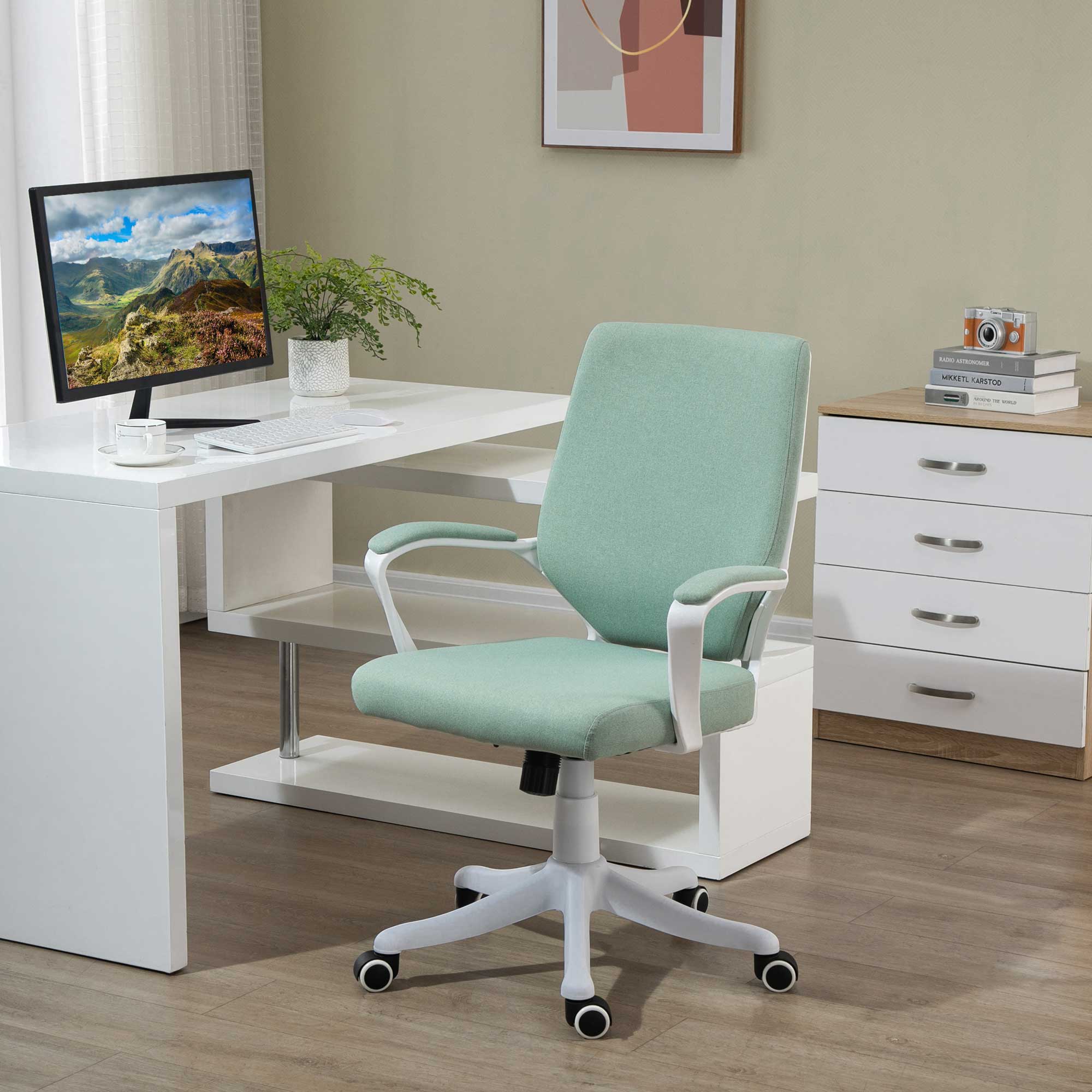 Office Chair Desk Chair Home Office Chair with Rocking Function Height Adjustable Thickly Padded Ergonomic 360° Swivel Wheels Polyester Nylon PP Green+White 62x69x92-100 cm