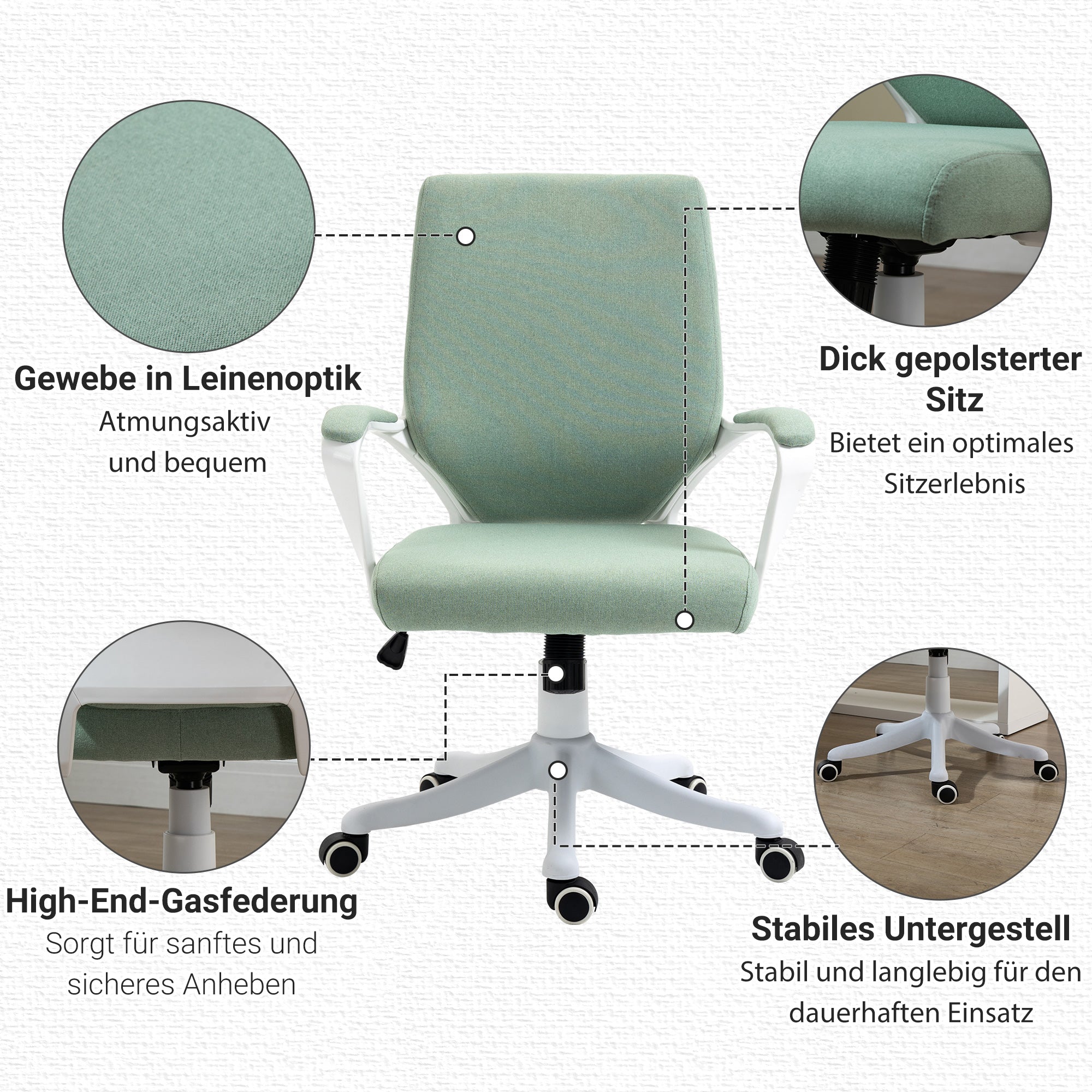 Office Chair Desk Chair Home Office Chair with Rocking Function Height Adjustable Thickly Padded Ergonomic 360° Swivel Wheels Polyester Nylon PP Green+White 62x69x92-100 cm